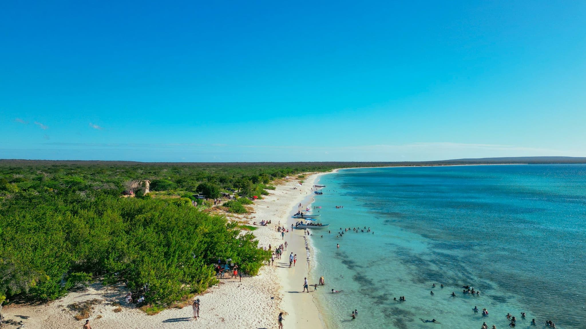 People standing on a long sandy beach beside turquoise water in the southwest