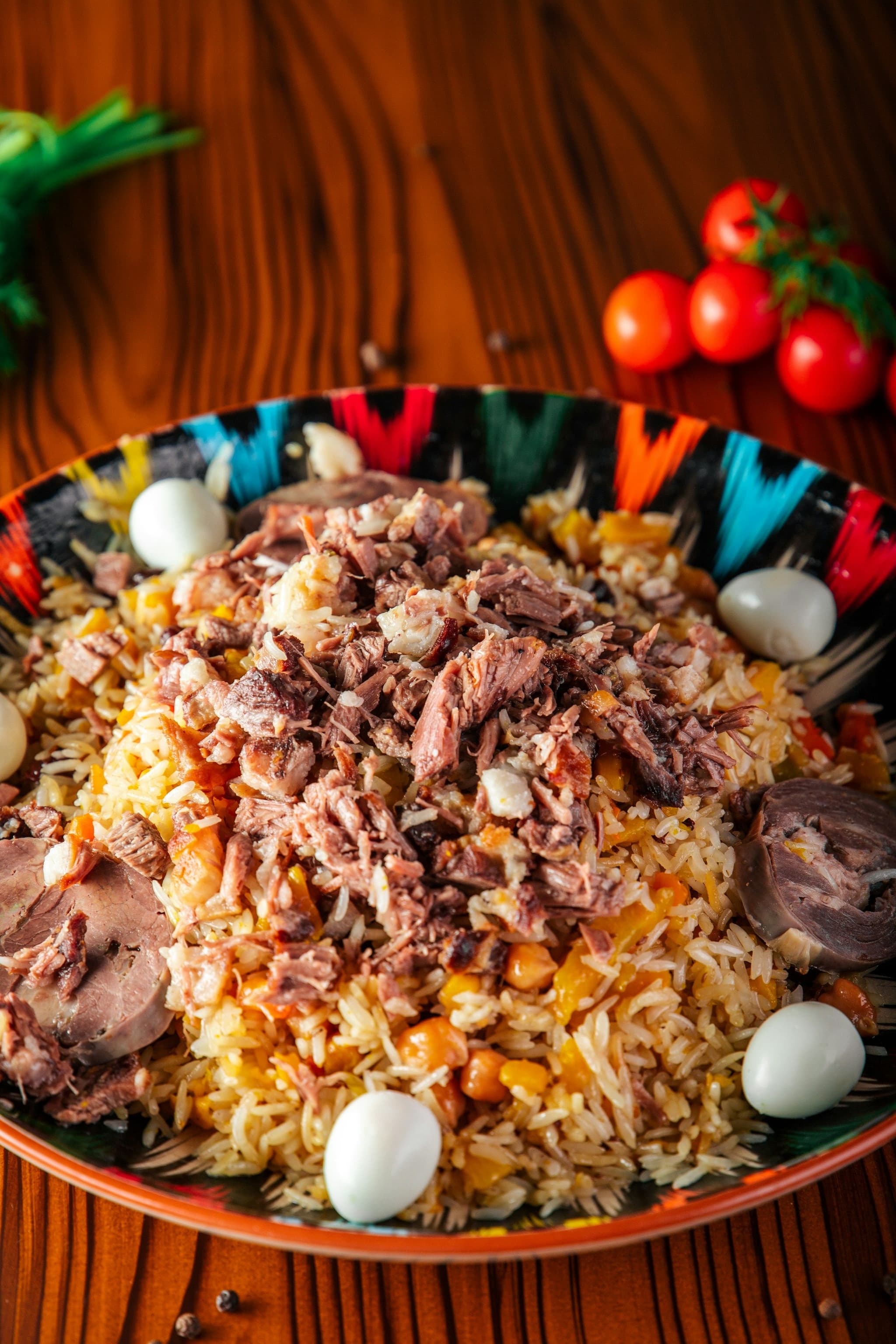 A plate of Uzbek plov with rice and meat