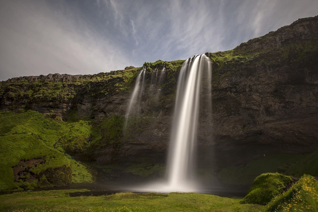 Seljalandsfoss waterfall cascading down a moss covered cliff in South Iceland with green grass in the foreground.