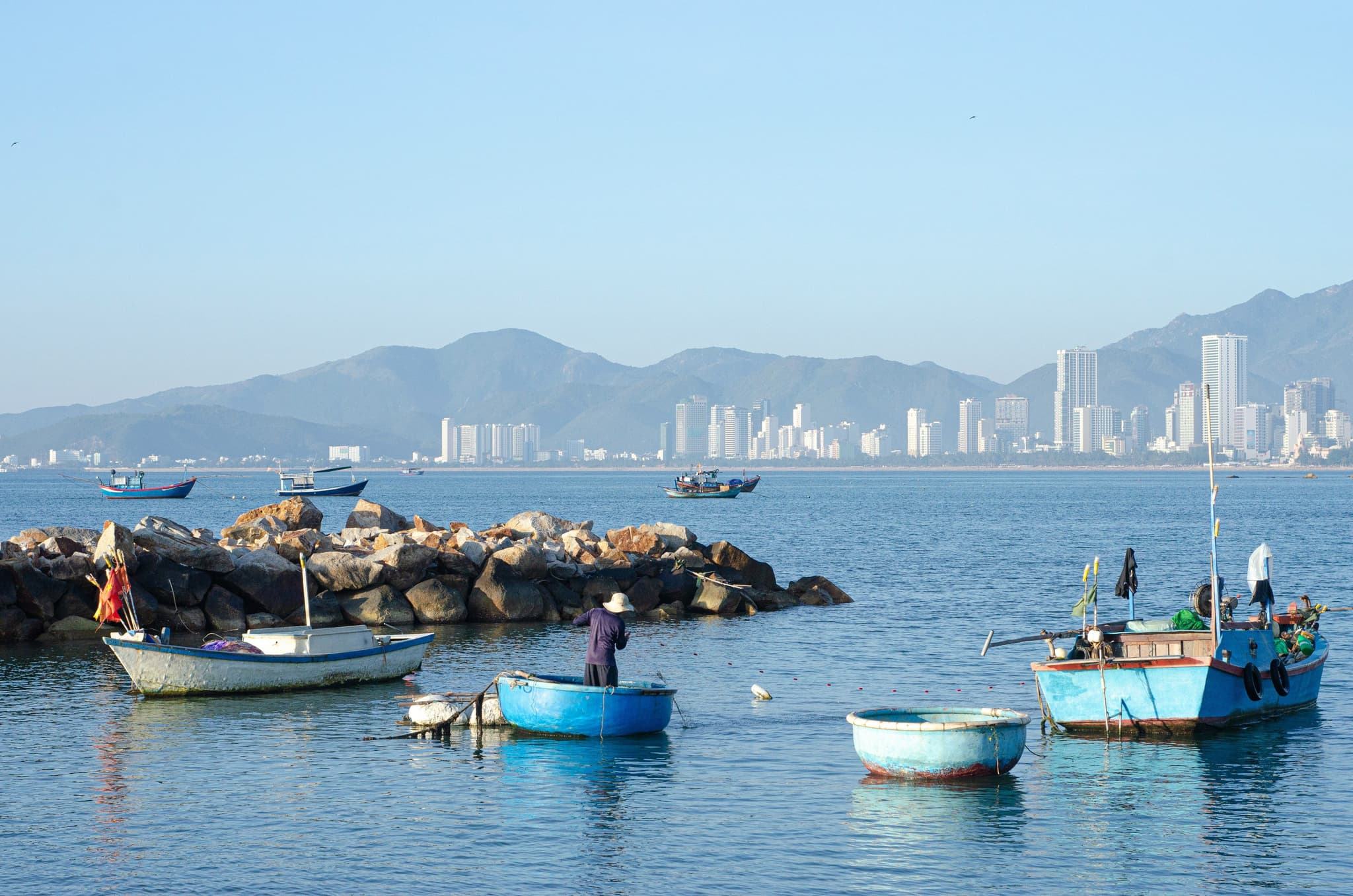Fishers boats in blue sea in Nha Trang