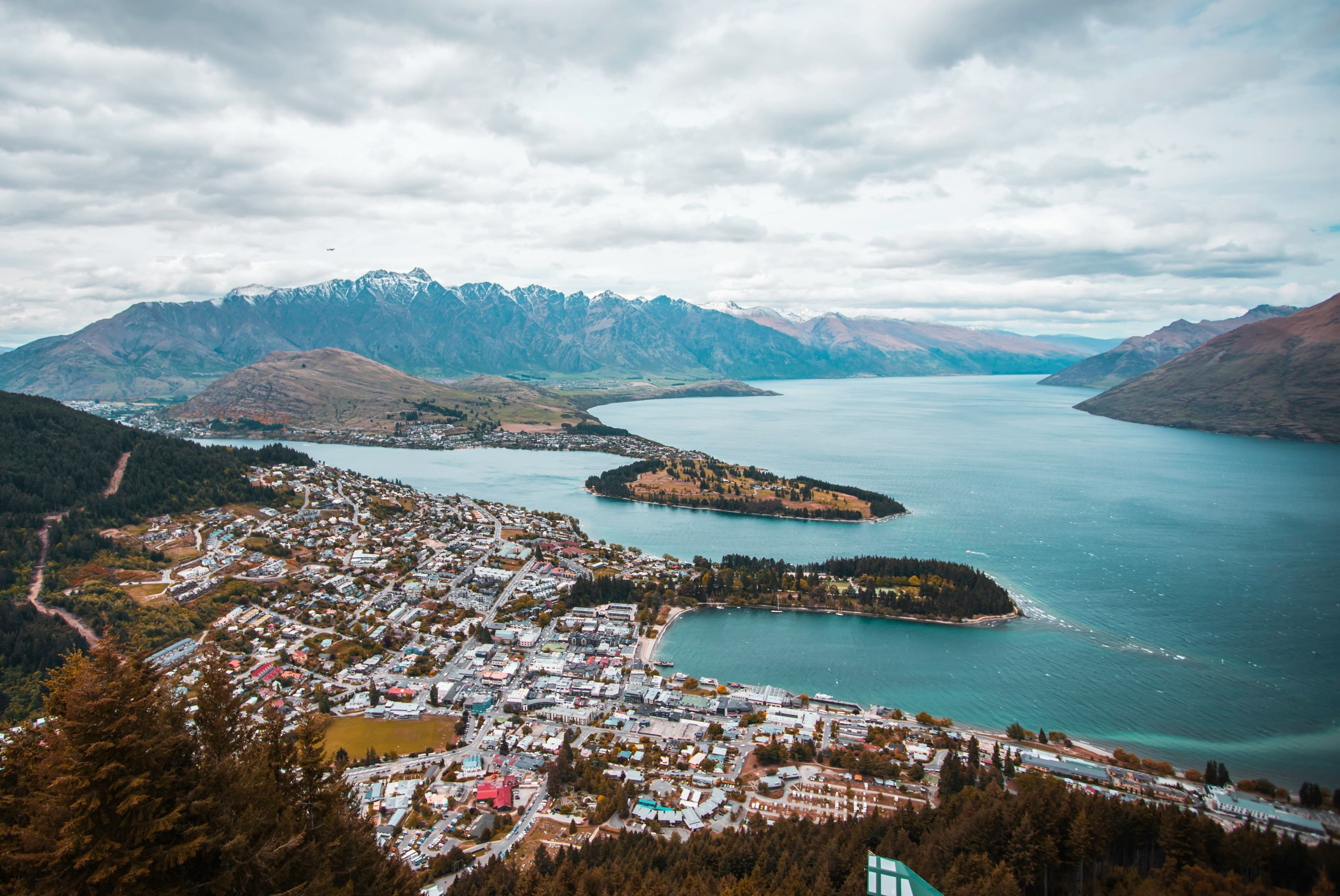 Aerial view of queenstown beach, bays and islands.