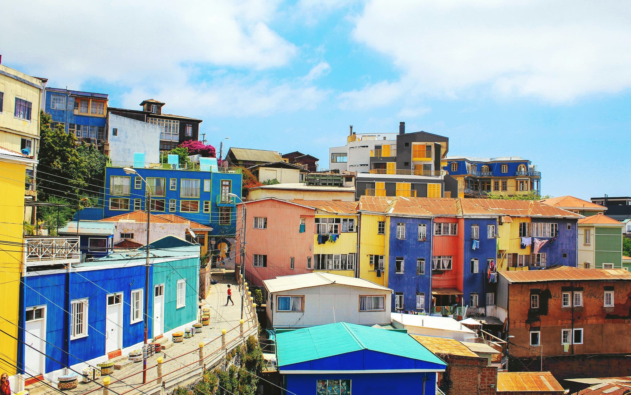 Colourful houses in Chile on a cloudy day