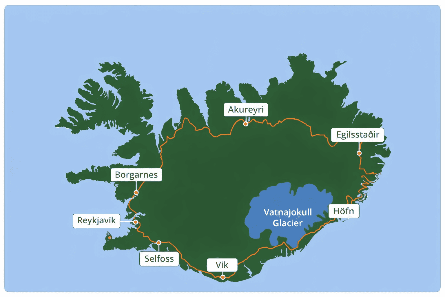 Map of Iceland showing the Ring Road route connecting Reykjavik, Vík, Höfn, Egilsstaðir and Akureyri.