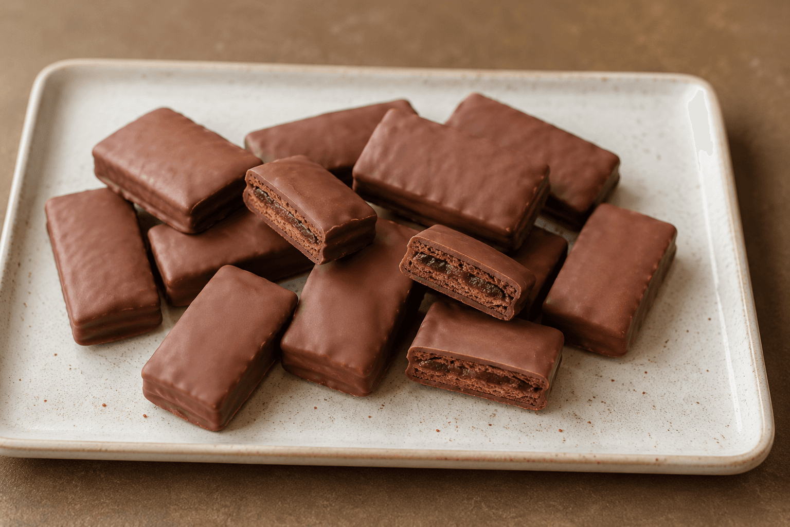 Tim Tams rectangular chocolates on a rectangular white plate