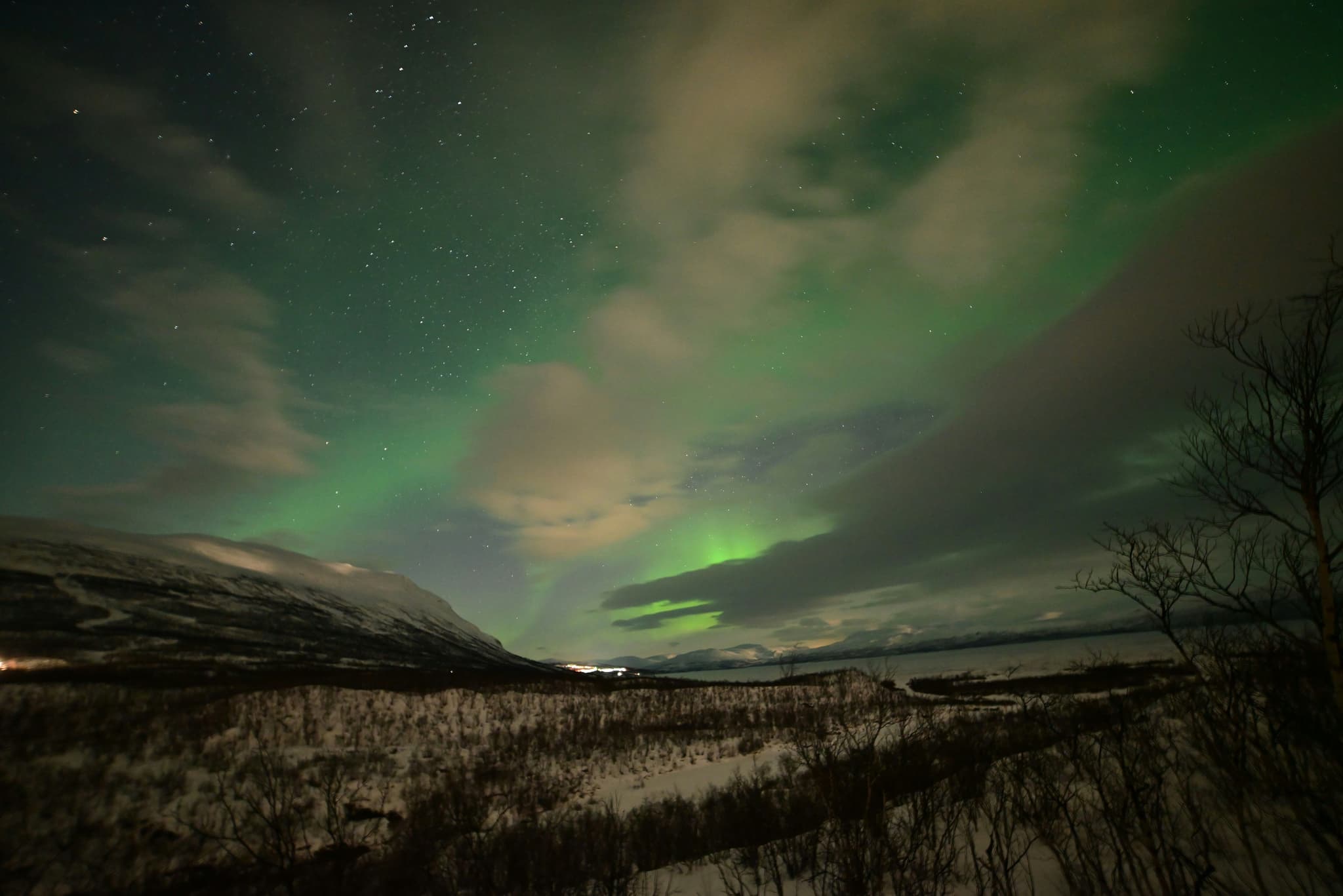Northern lights glowing green over snowy mountains in Abisko