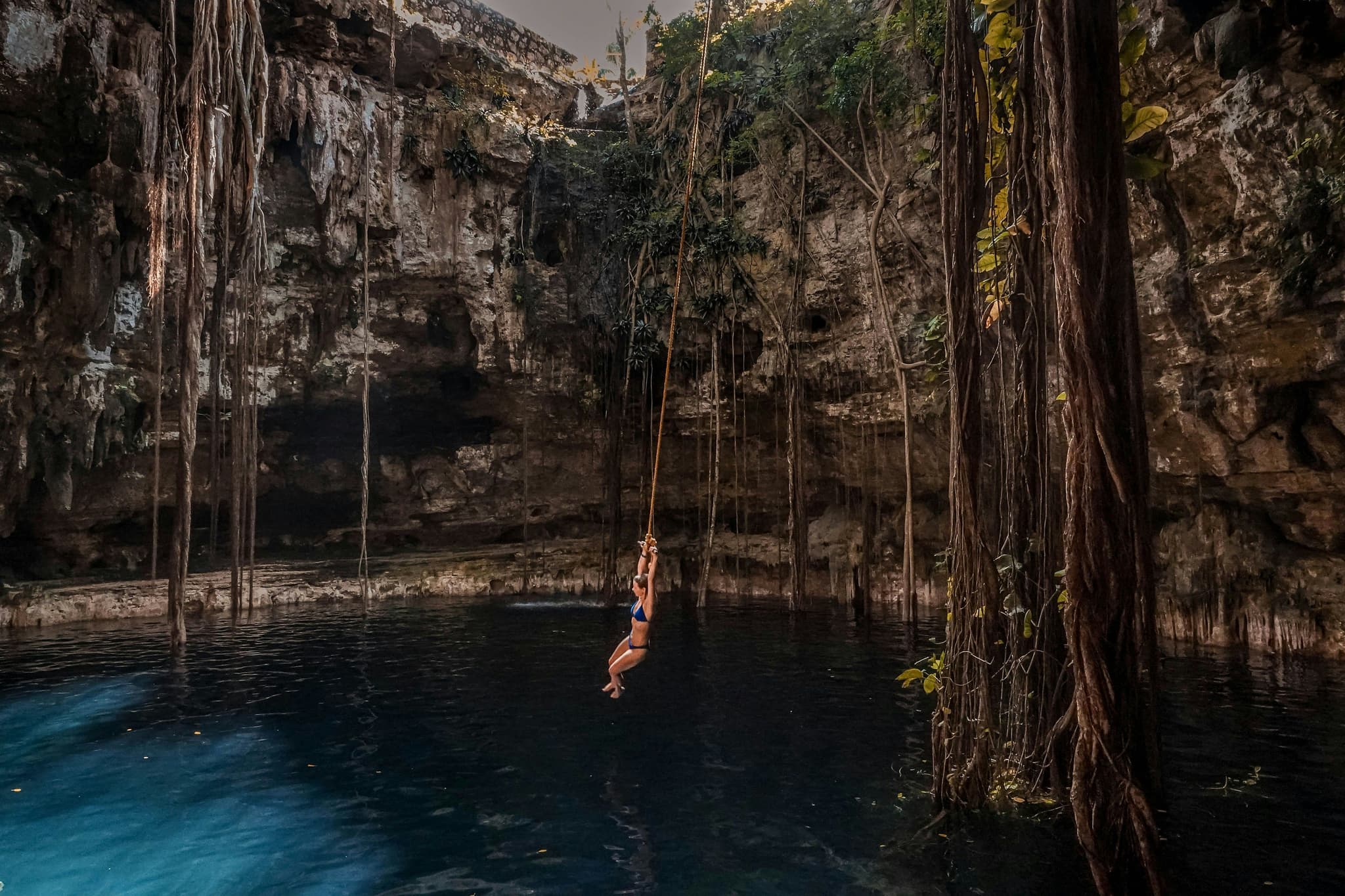 Sunlight streaming into Cenote Oxman near Valladolid in the Yucatán