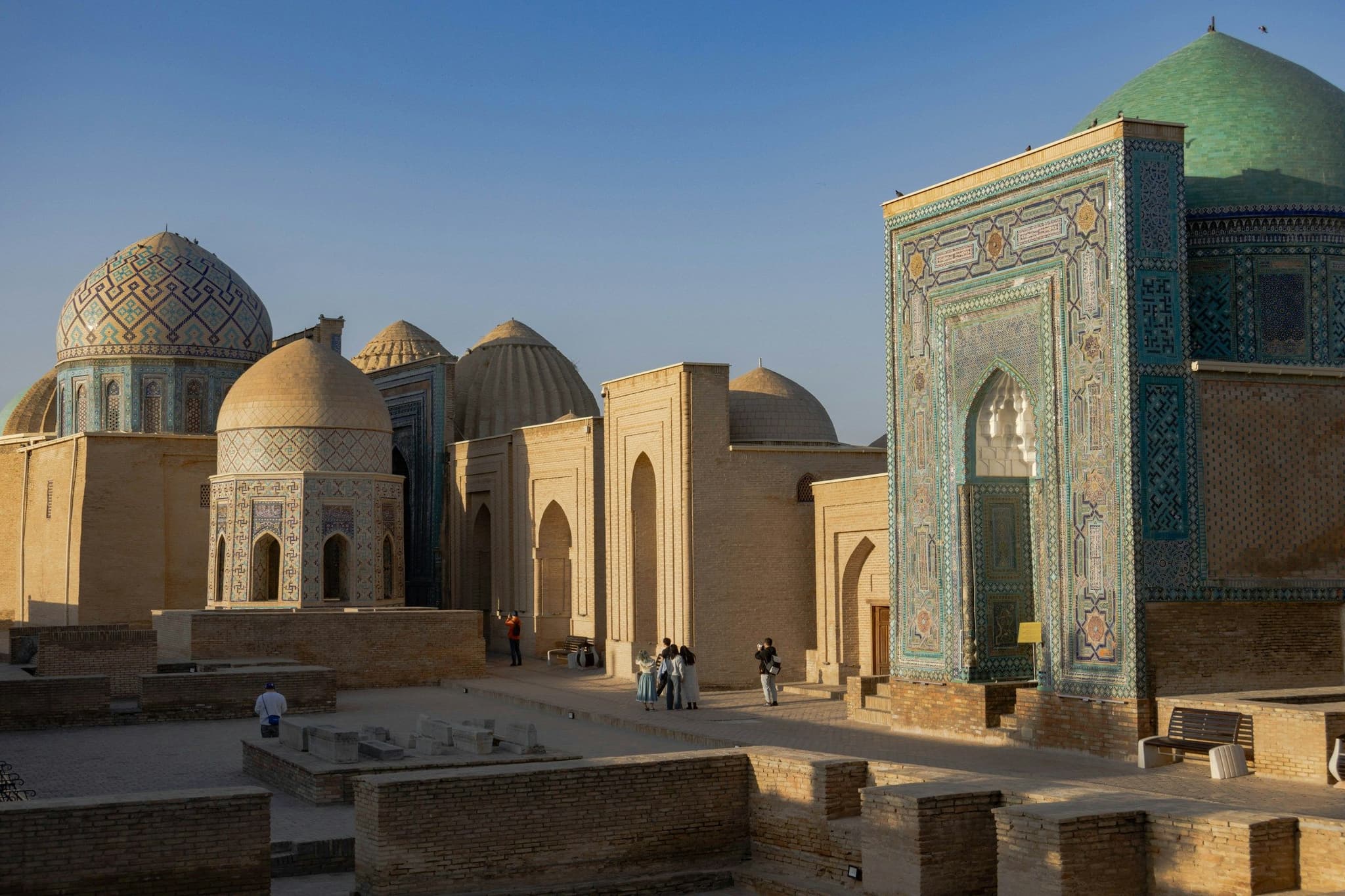 Tiled mausoleums at Shah-i-Zinda in Samarkand in early morning light