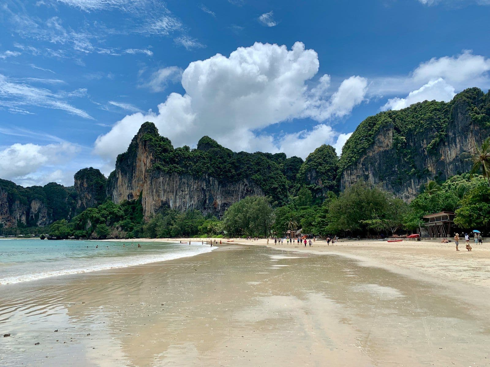 Railay Beach in Krabi, Thailand, with limestone cliffs and calm turquoise water