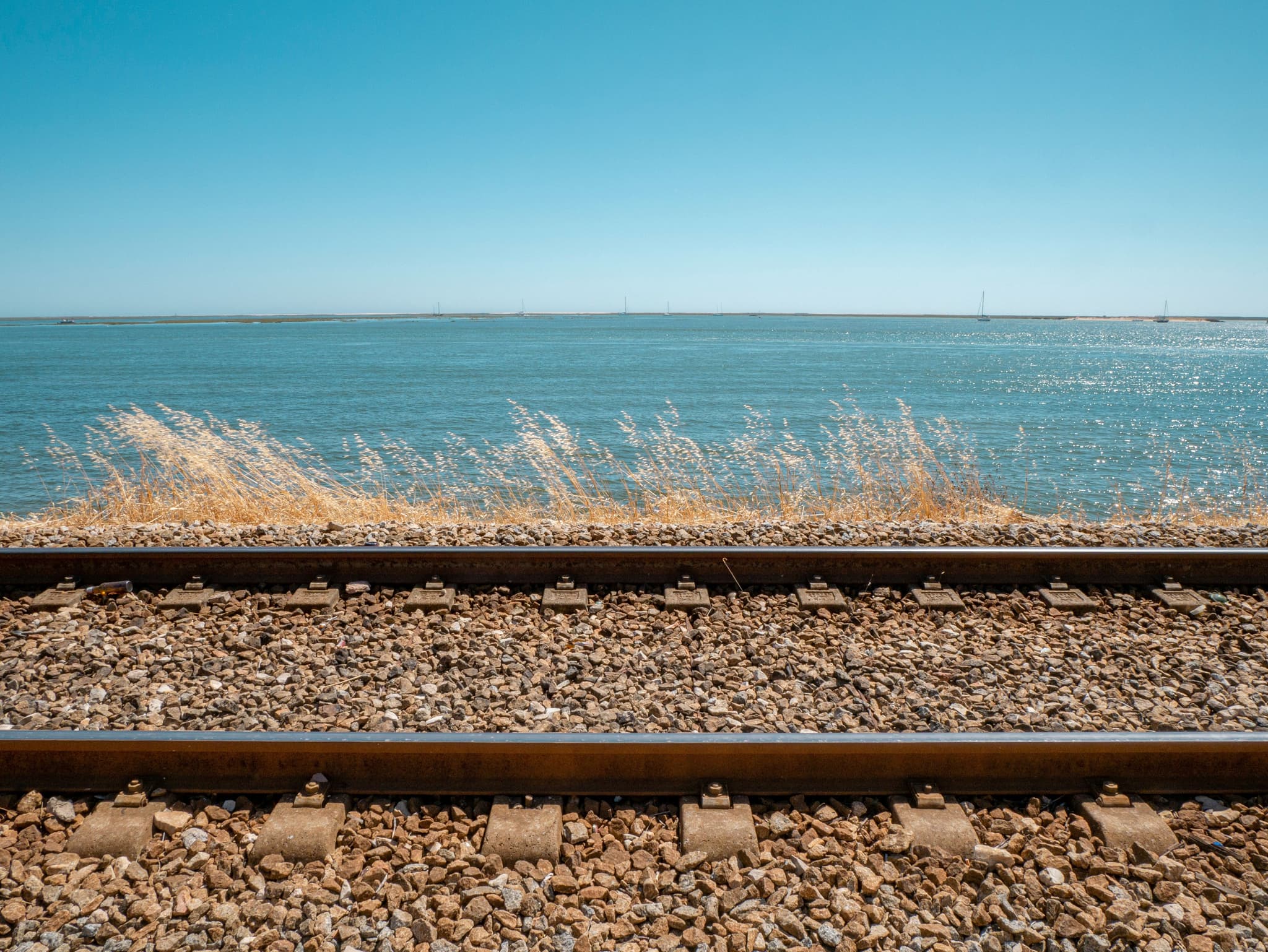 Train rails next to beach.