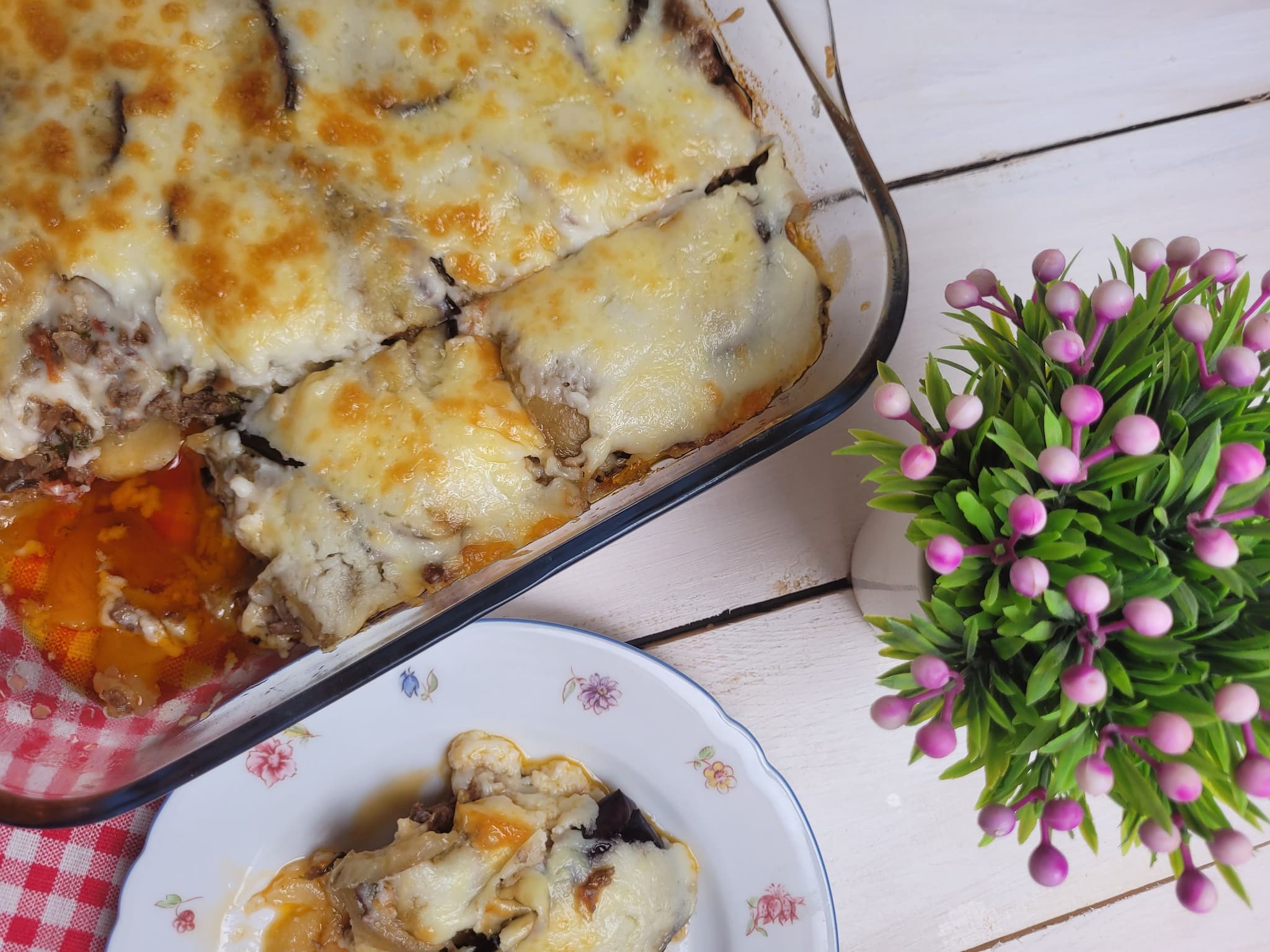 Baked moussaka served at a Greek table