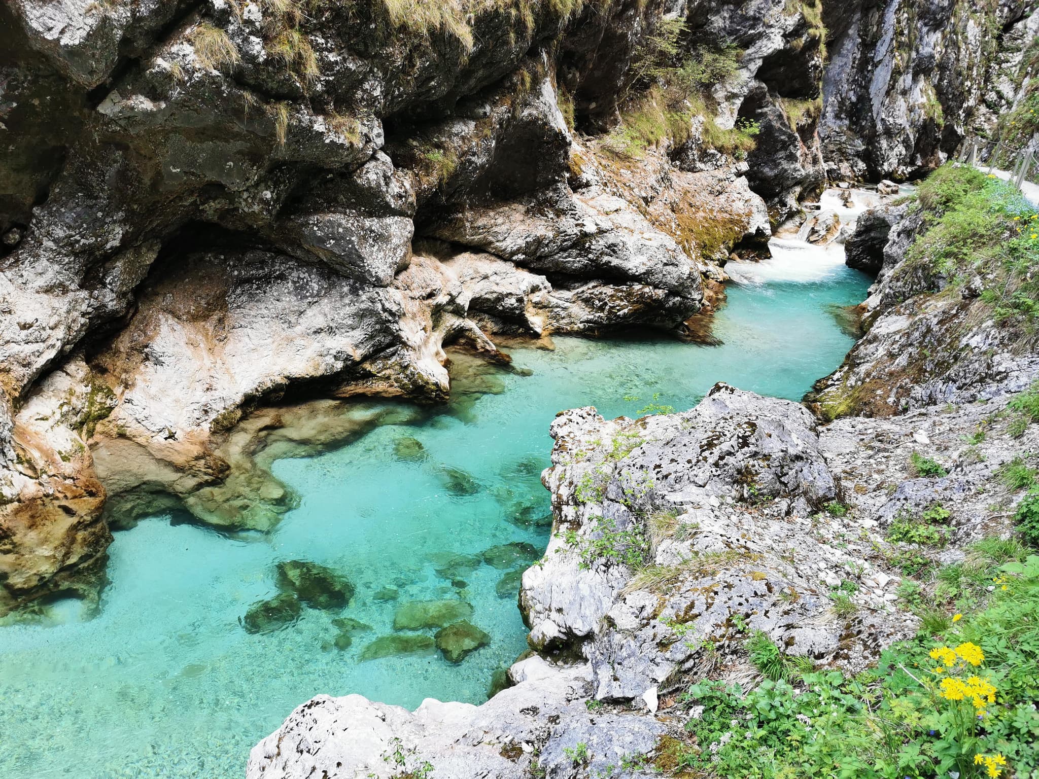 Aerial view of turqoise water in between cliffs at Soča Valley