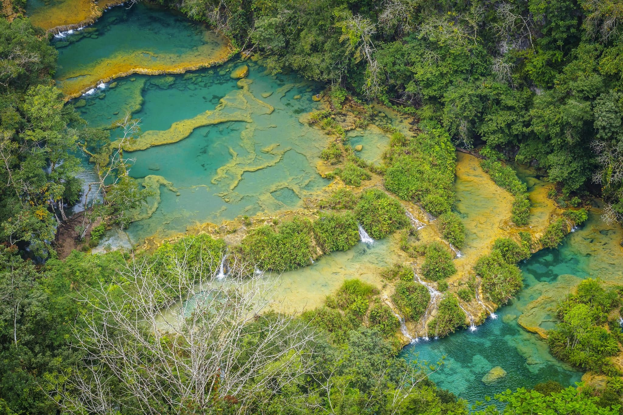 Aerial view of turquoise pools in a lush forest setting, with vibrant greenery and small waterfalls. The scene is tranquil and naturally vibrant.