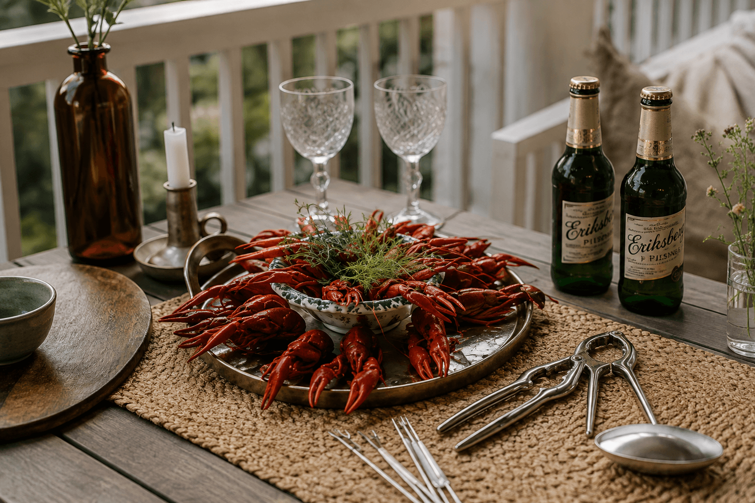 A table set for a Swedish crayfish party with red crayfish and wine