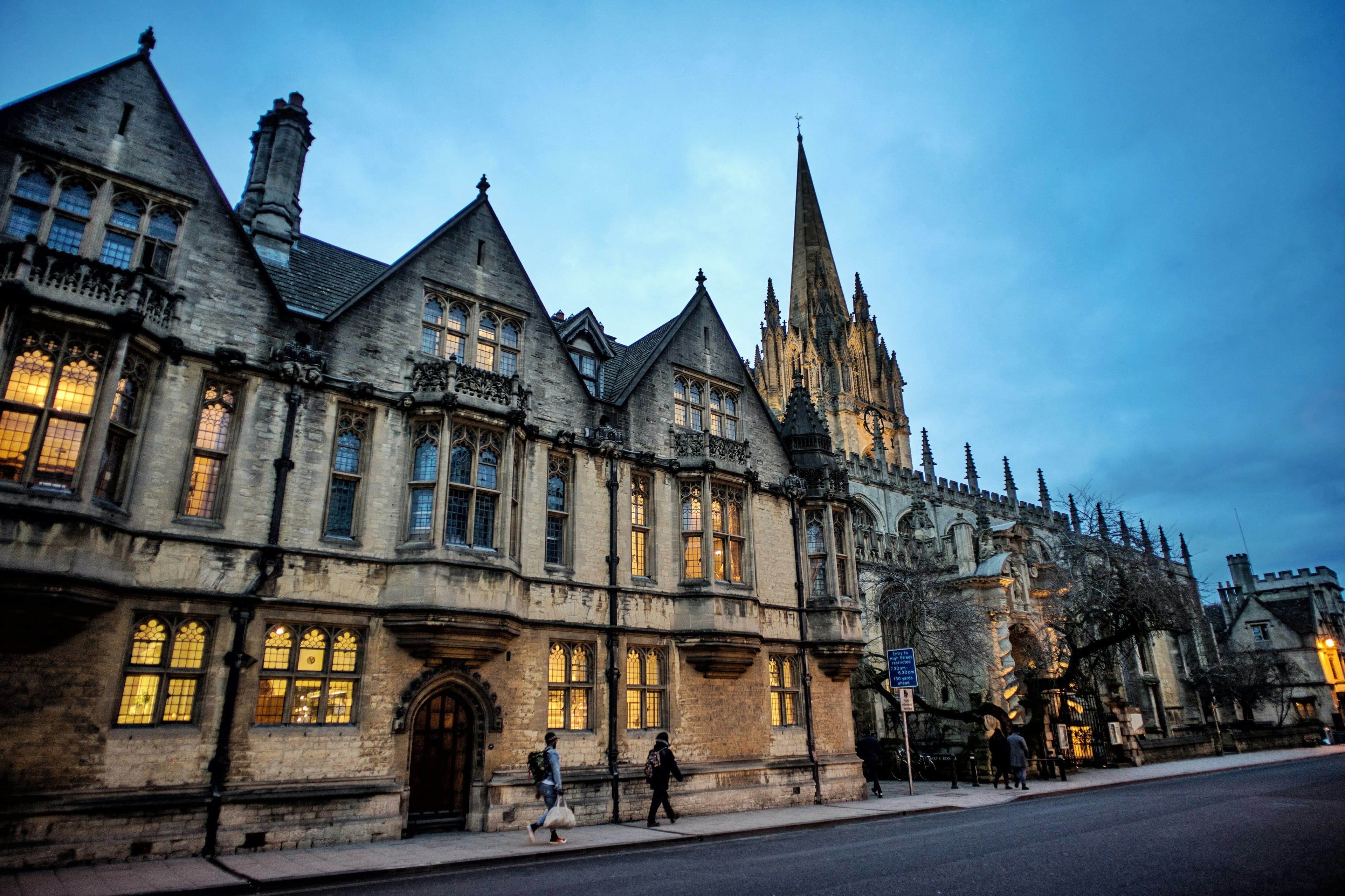 Oxford architecture, a building with triangular roof in the evening