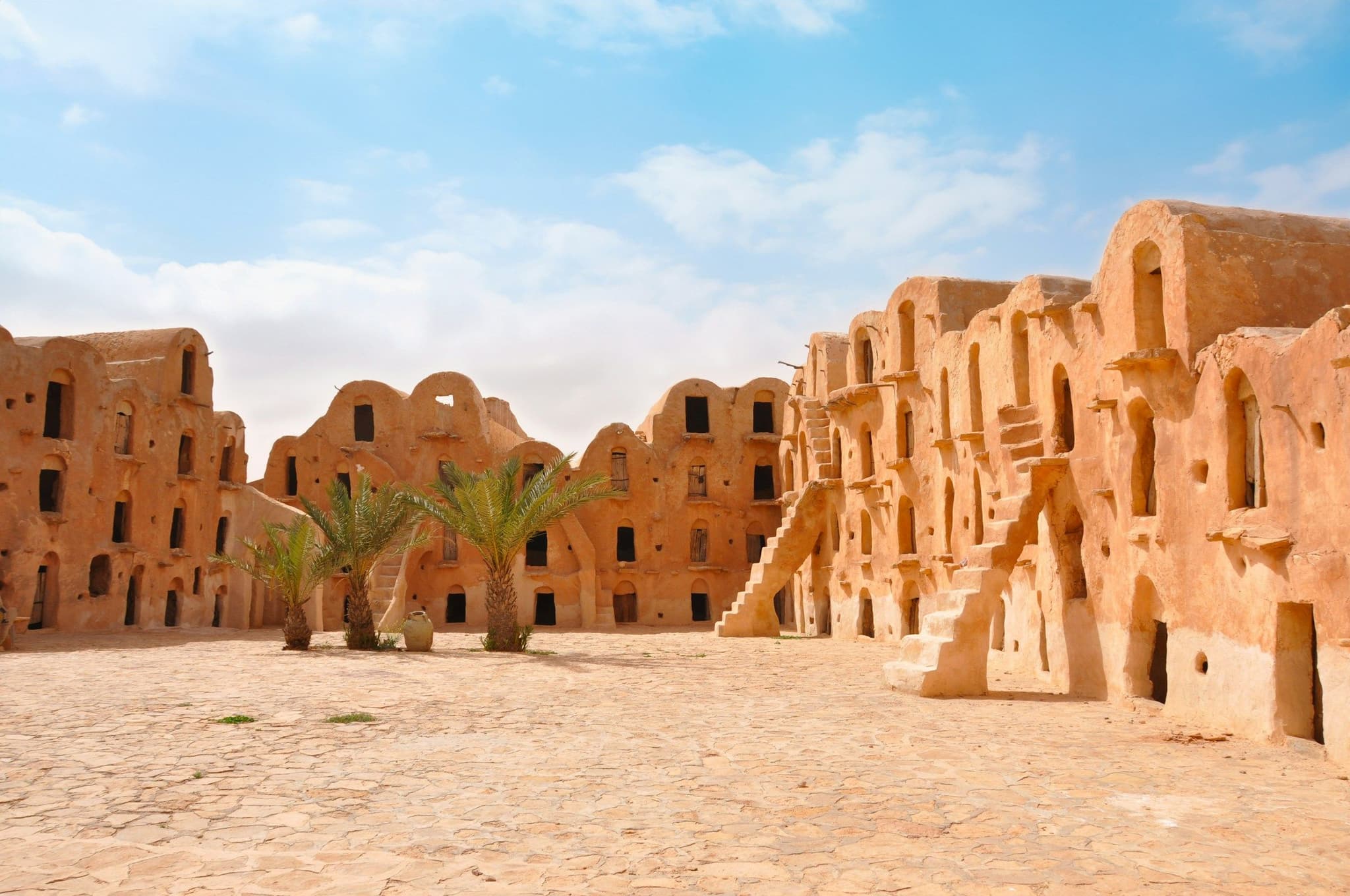 Domed adobe buildings of a Star Wars film set in the southern Tunisian desert
