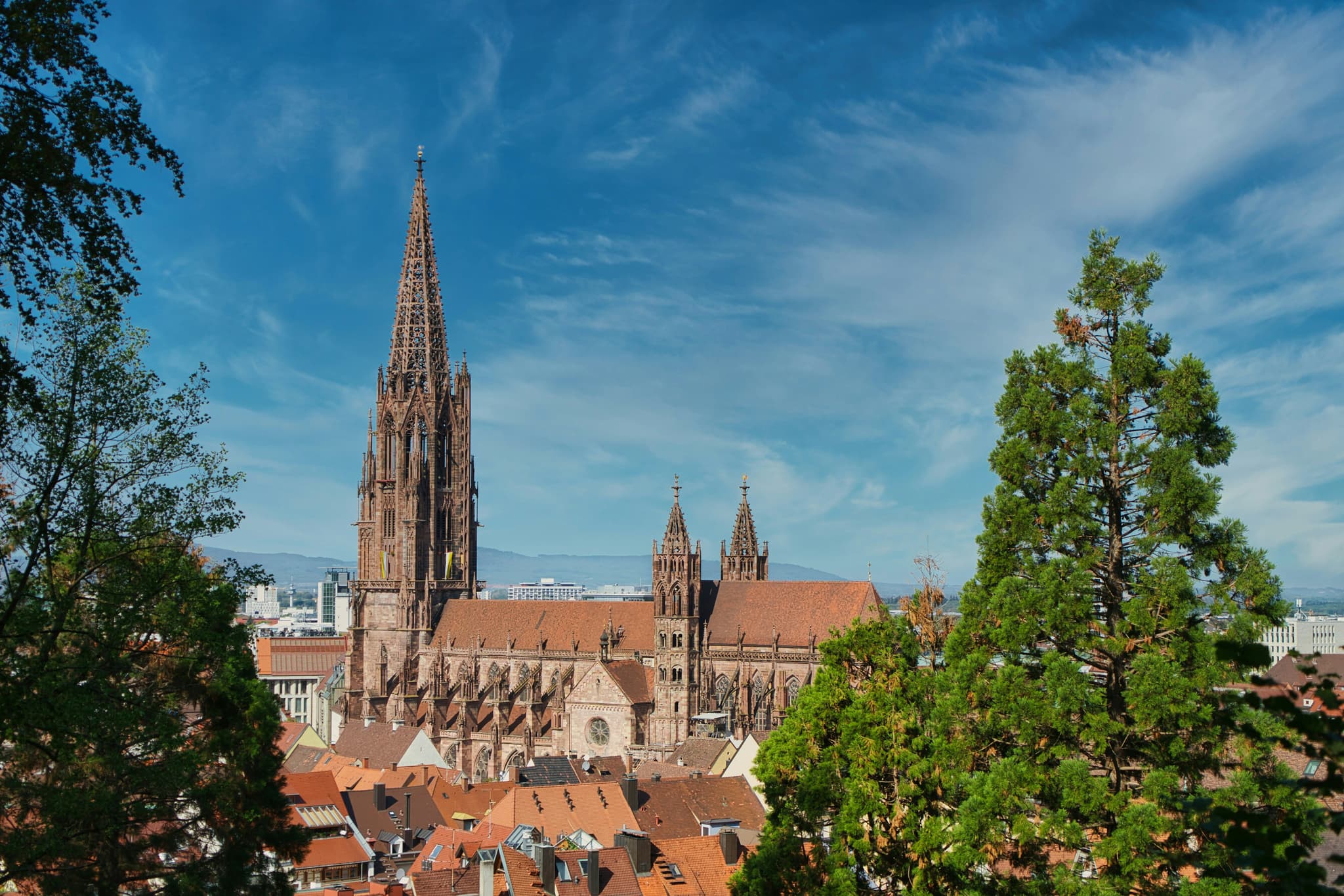 Freiburg's old town square with the Gothic Münster cathedral and the water channels known as Bächle