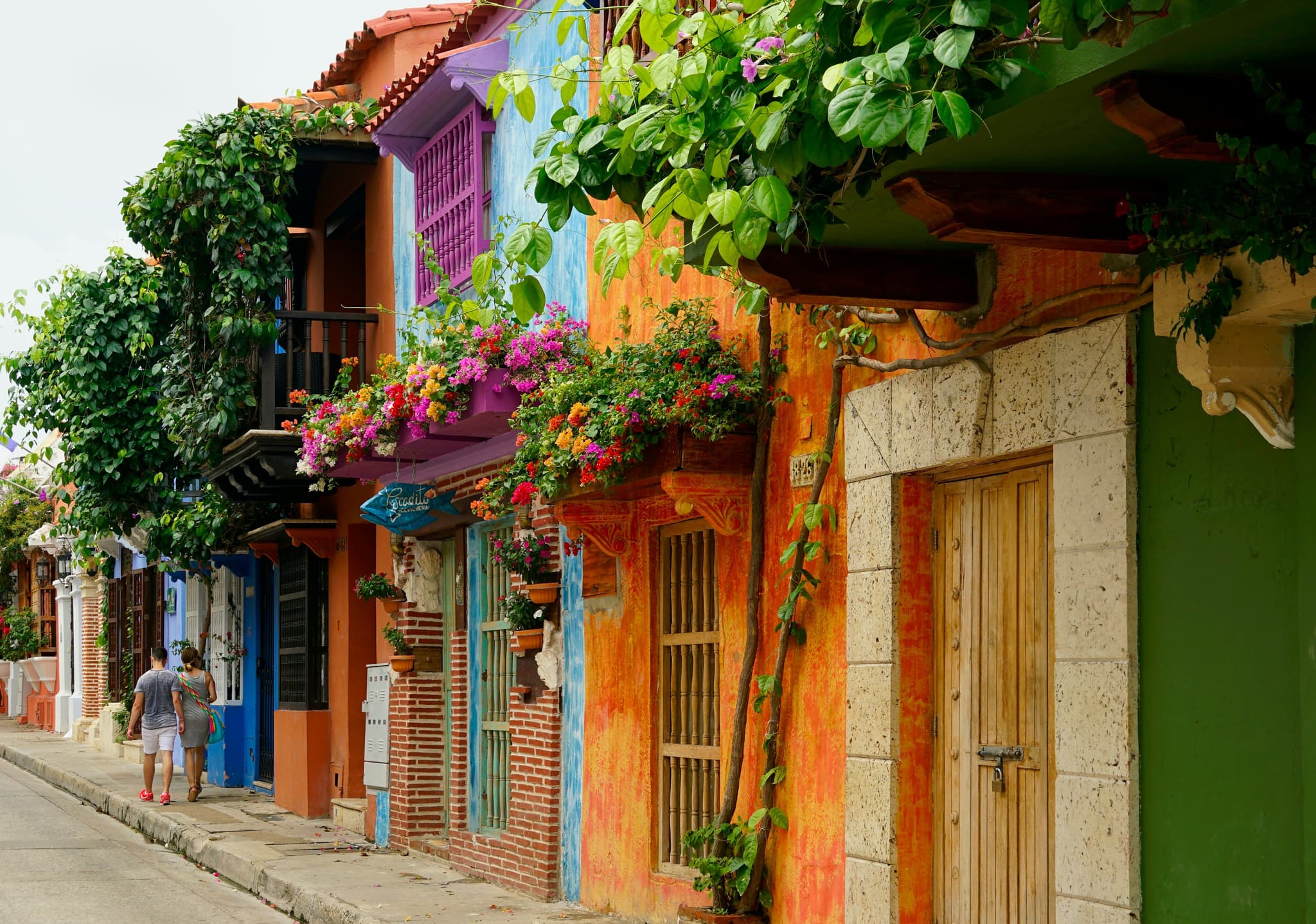 Colourful houses with flowers in Cartagena
