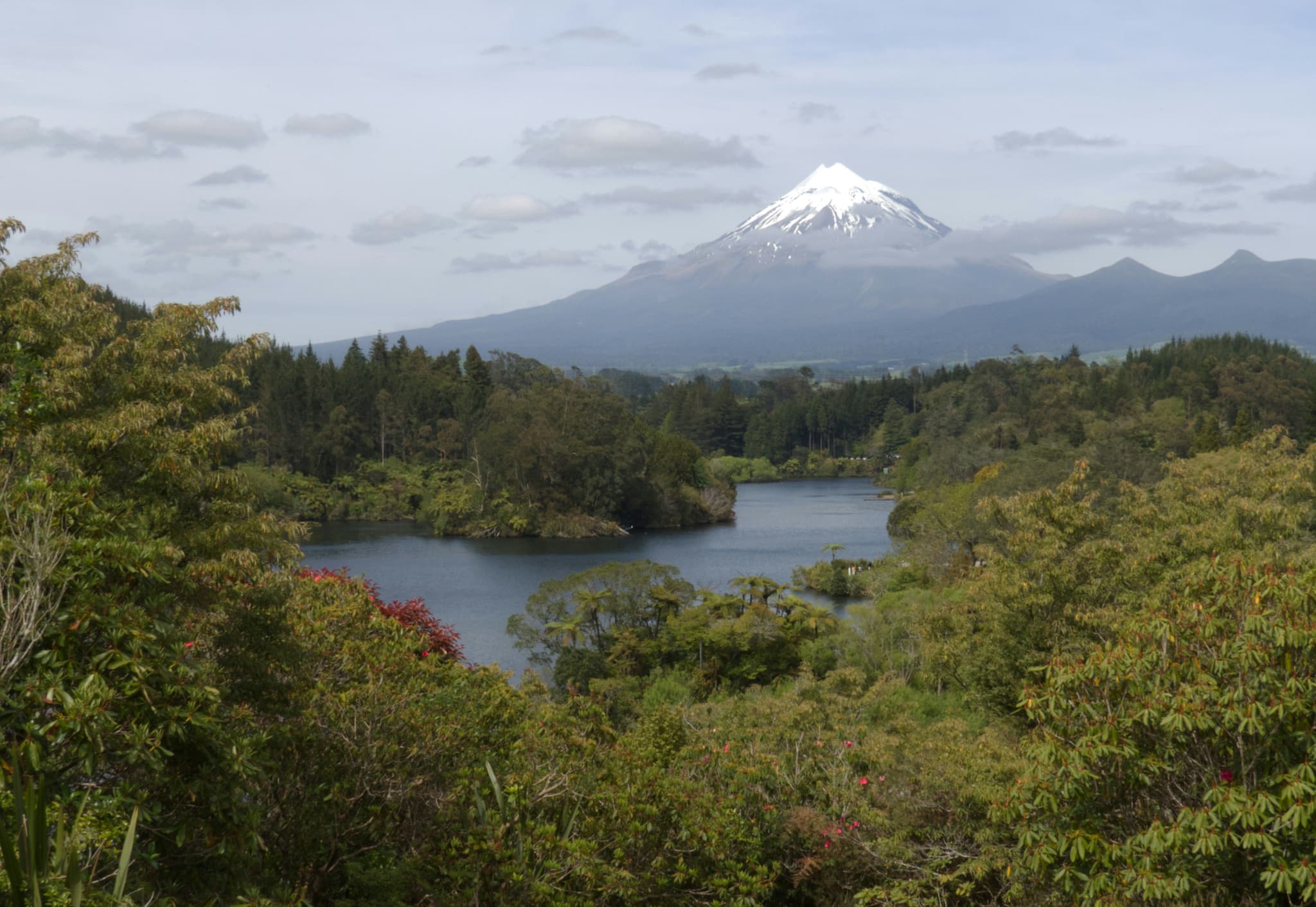 Mount Taranaki Tarn in the distance covered by trees