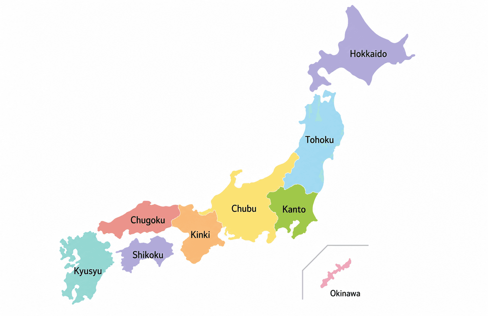 map illustrative of japan with regions in different colours