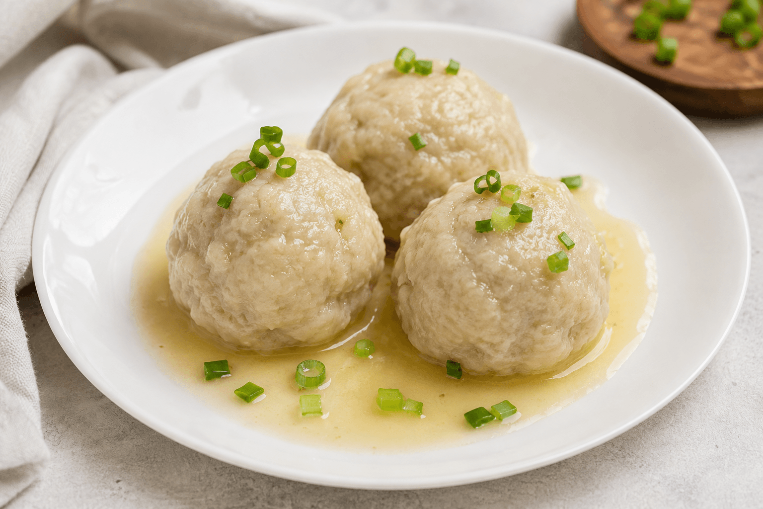 Potato dumpling balls on a white plate
