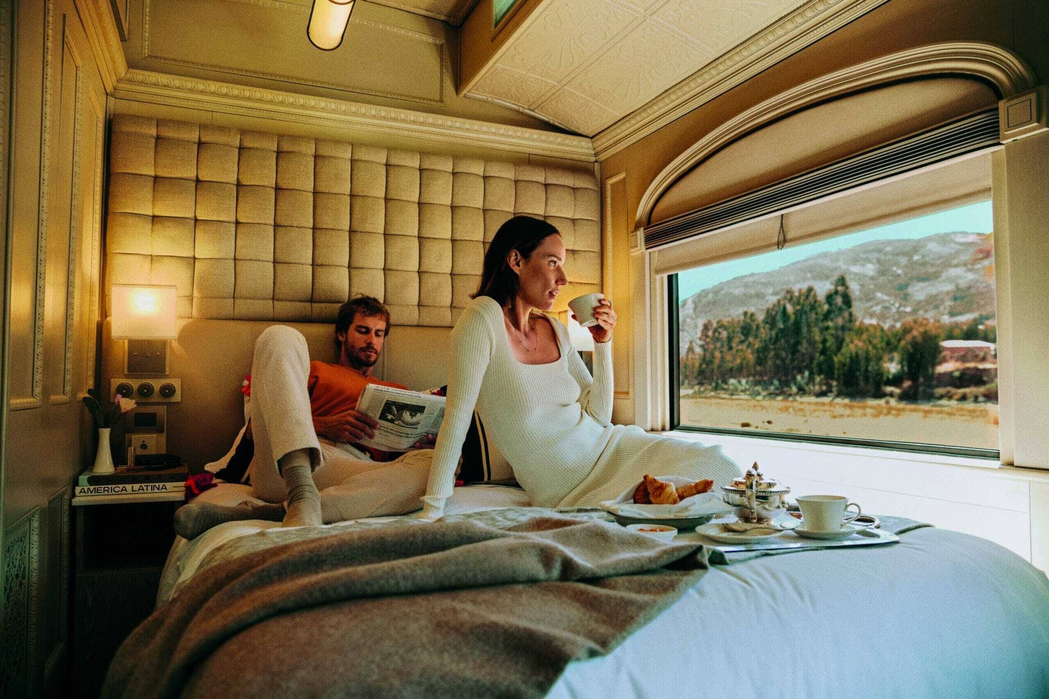 couple having breakfast on a train