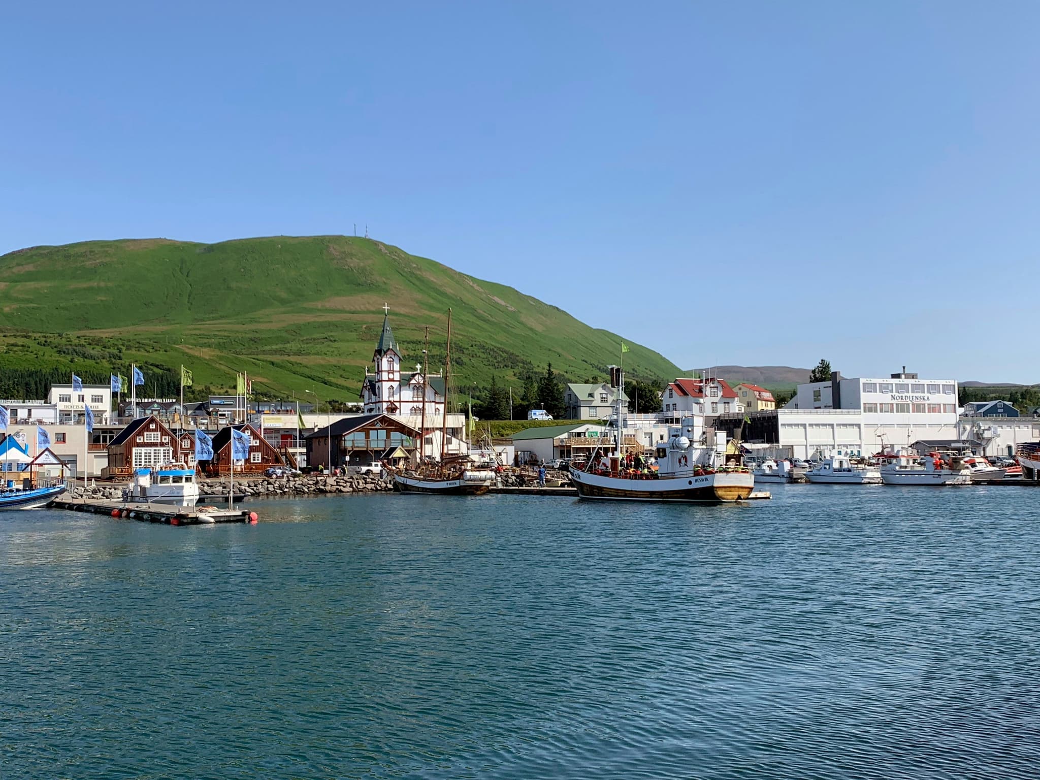 Water, boats and harbor in Húsavík, houses and green mountain in background