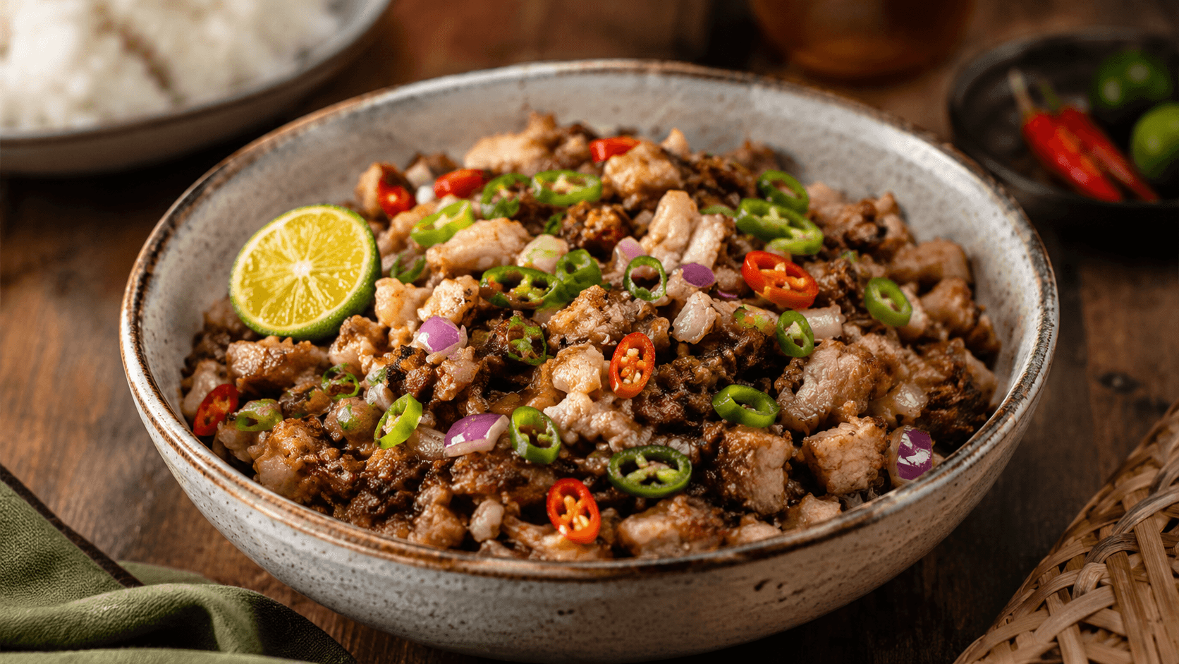 pork dish with rice in a plate served with cillies and lemon