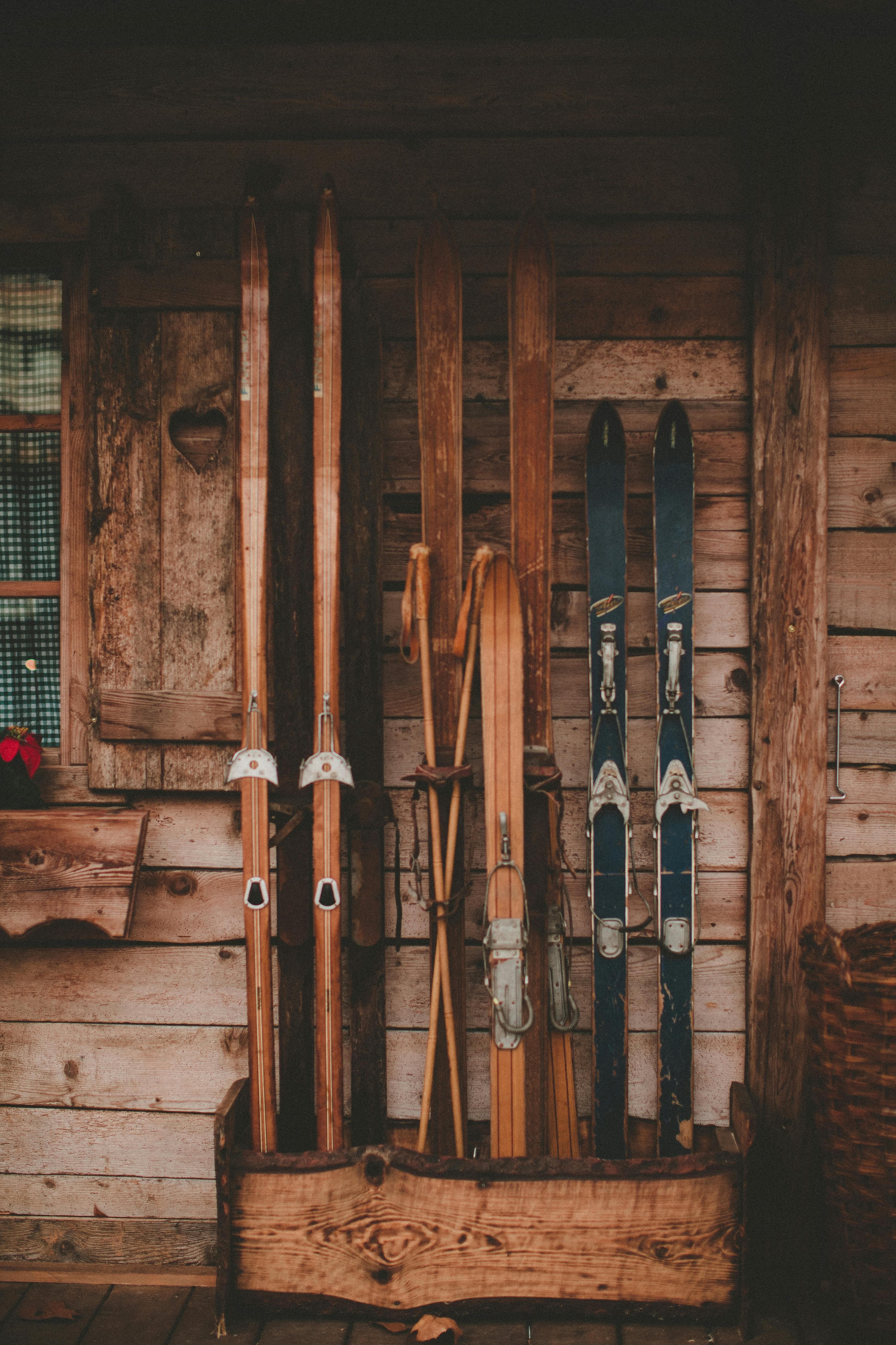 set of skis against a hut