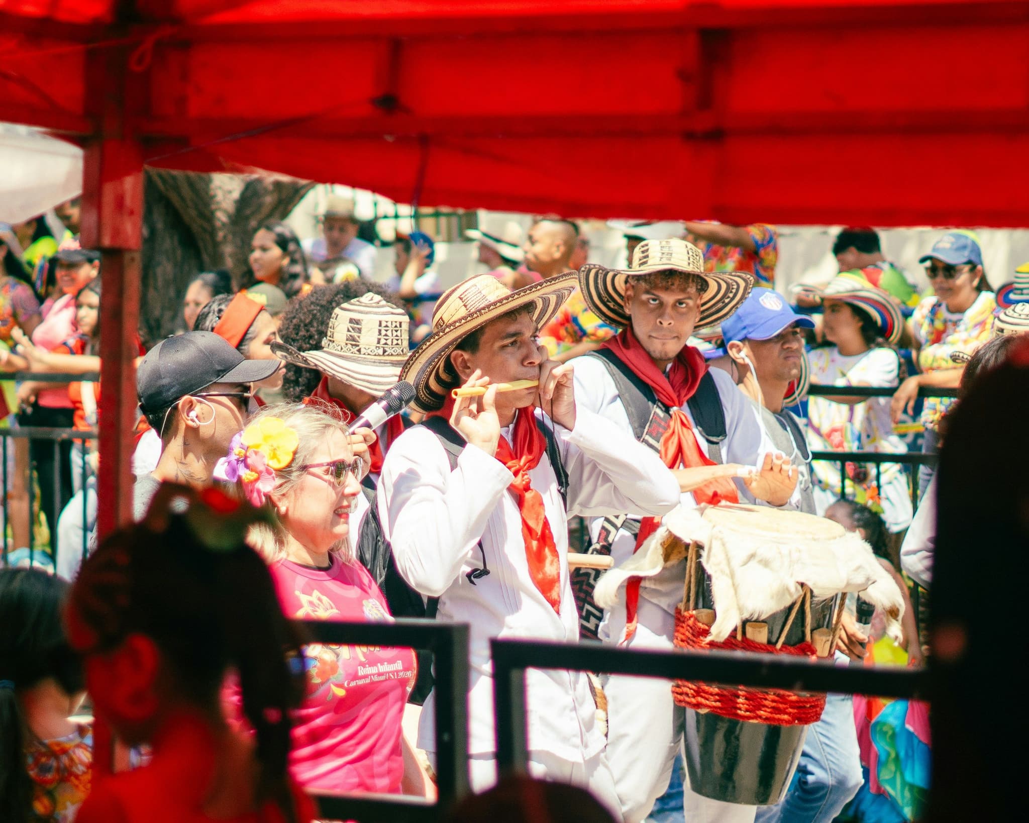 Musicians in traditional sombrero vueltiao hats perform at Barranquilla Carnival.