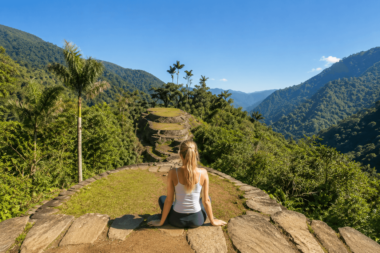 Blonde jonge vrouw sitting on the viewpoint in lost city surrounded by green mountains and palm trees