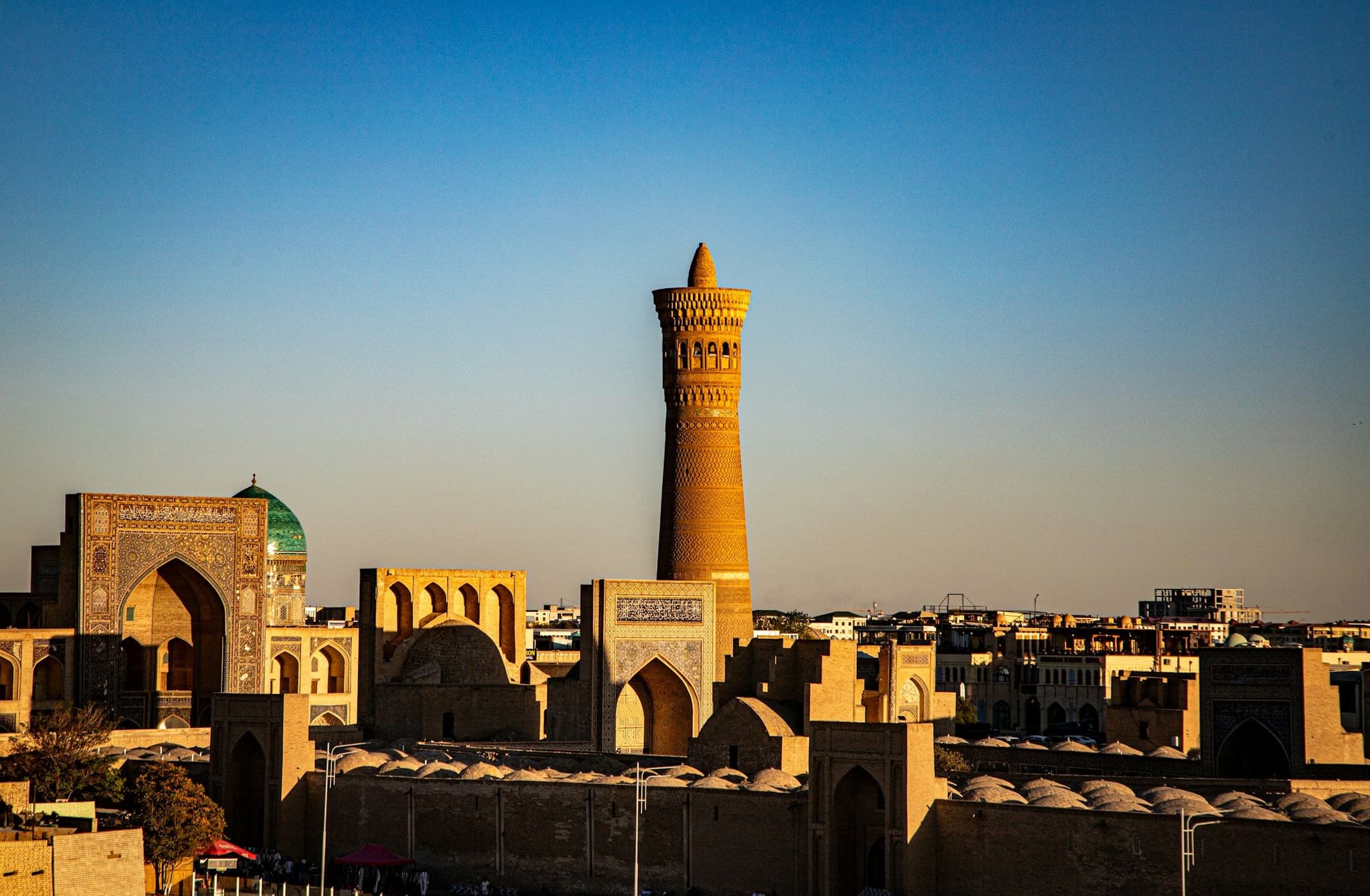 The Kalyan minaret rising above the old town of Bukhara at golden hour