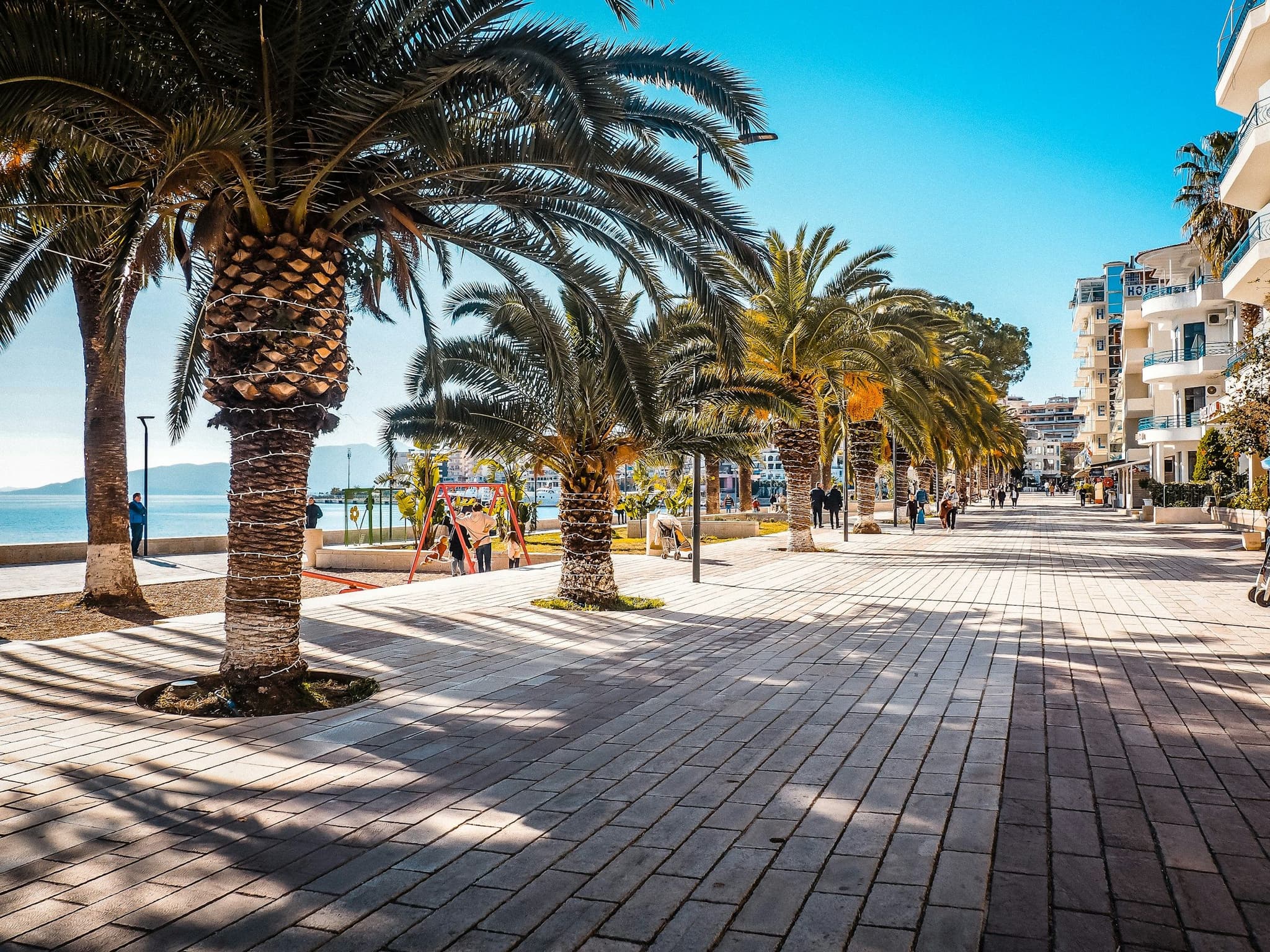 The palm-lined seafront promenade in Sarandë