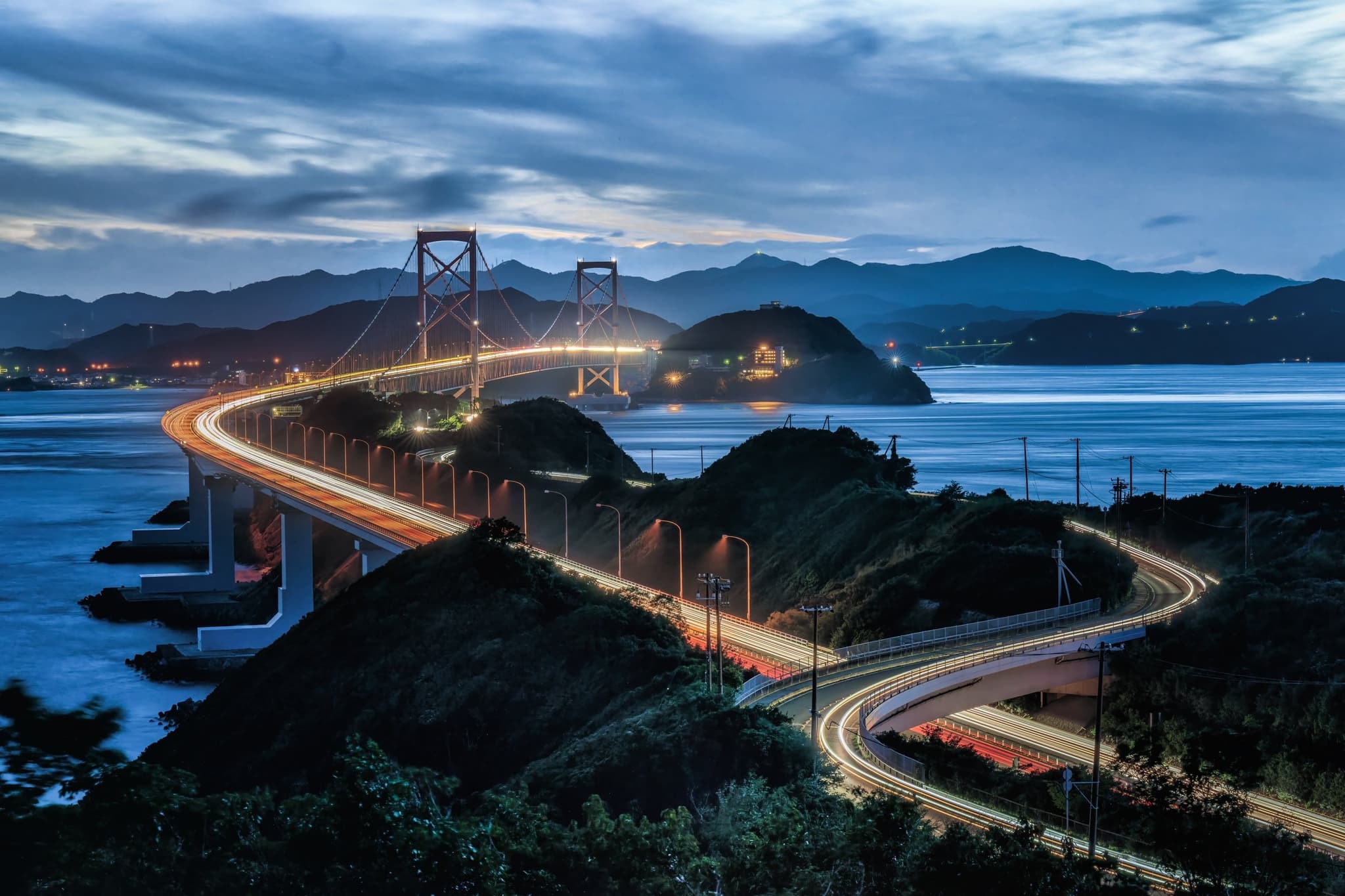 The windy Onaruto bridge at night in Shikoku