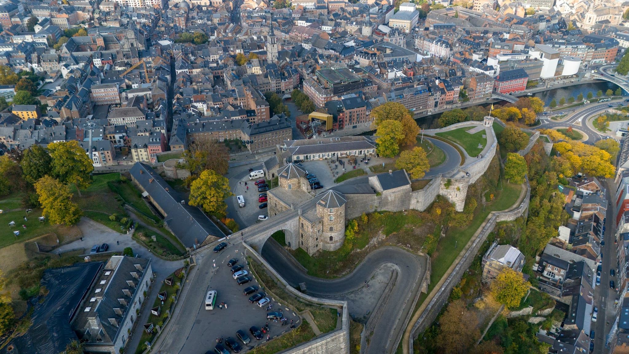 Aerial view of Namur and its citadel above the Meuse and Sambre rivers