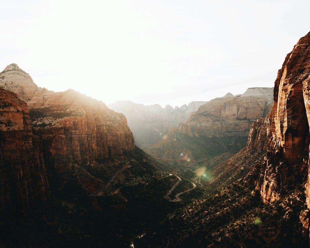 Sunlight streams through a canyon at Zion National Park, Utah.