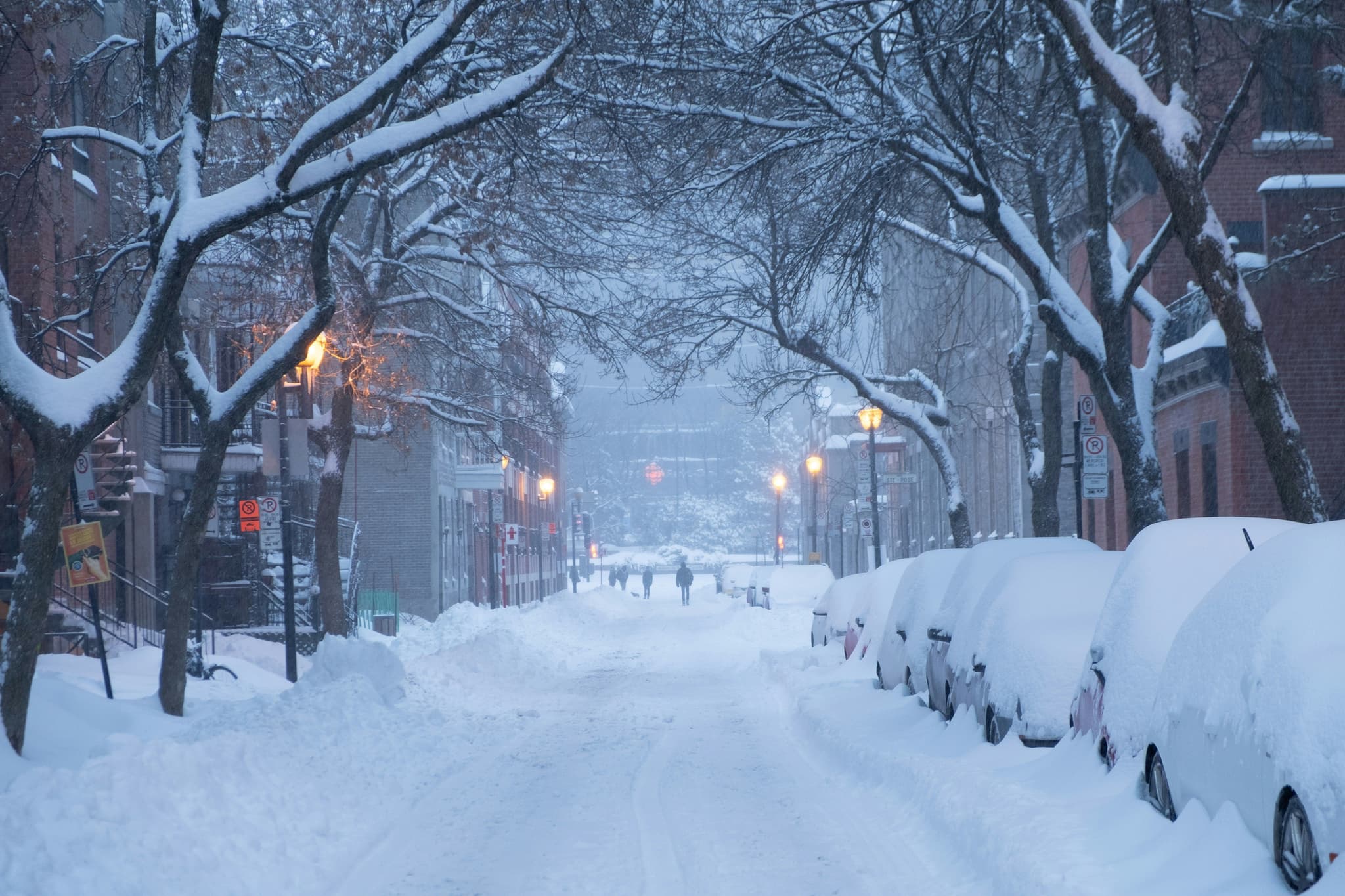 A snow-covered residential street in Montreal after a winter storm, an easy train or bus ride from Quebec City.