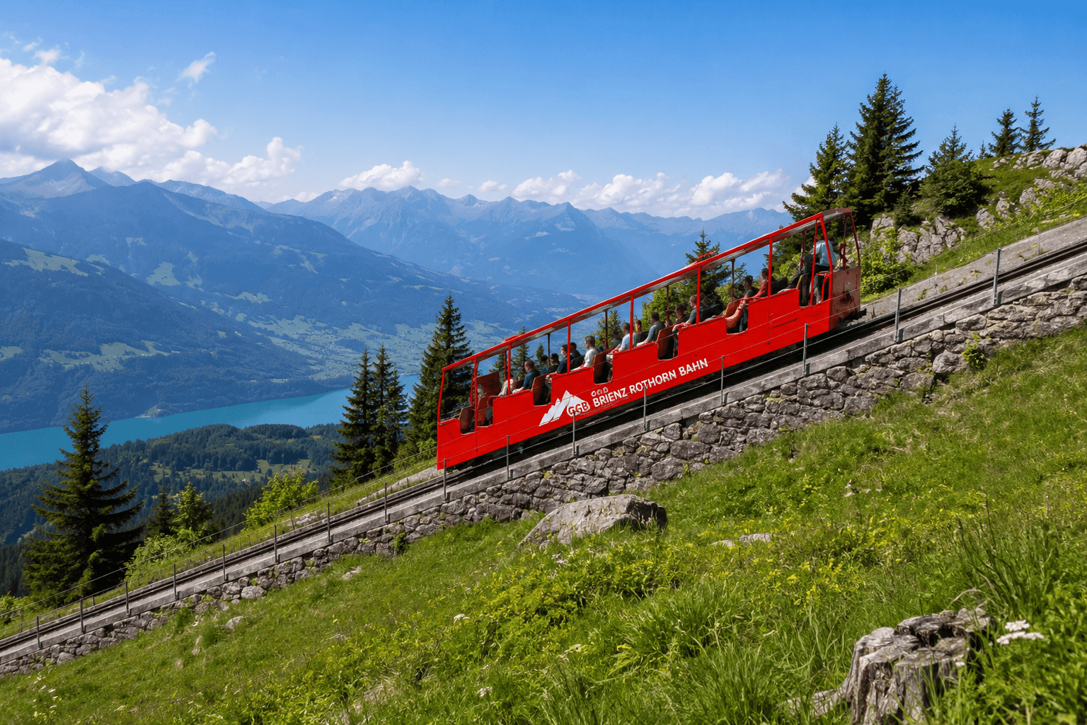 Gelmerbahn funicular climbing a steep mountainside towards Lake Gelmer