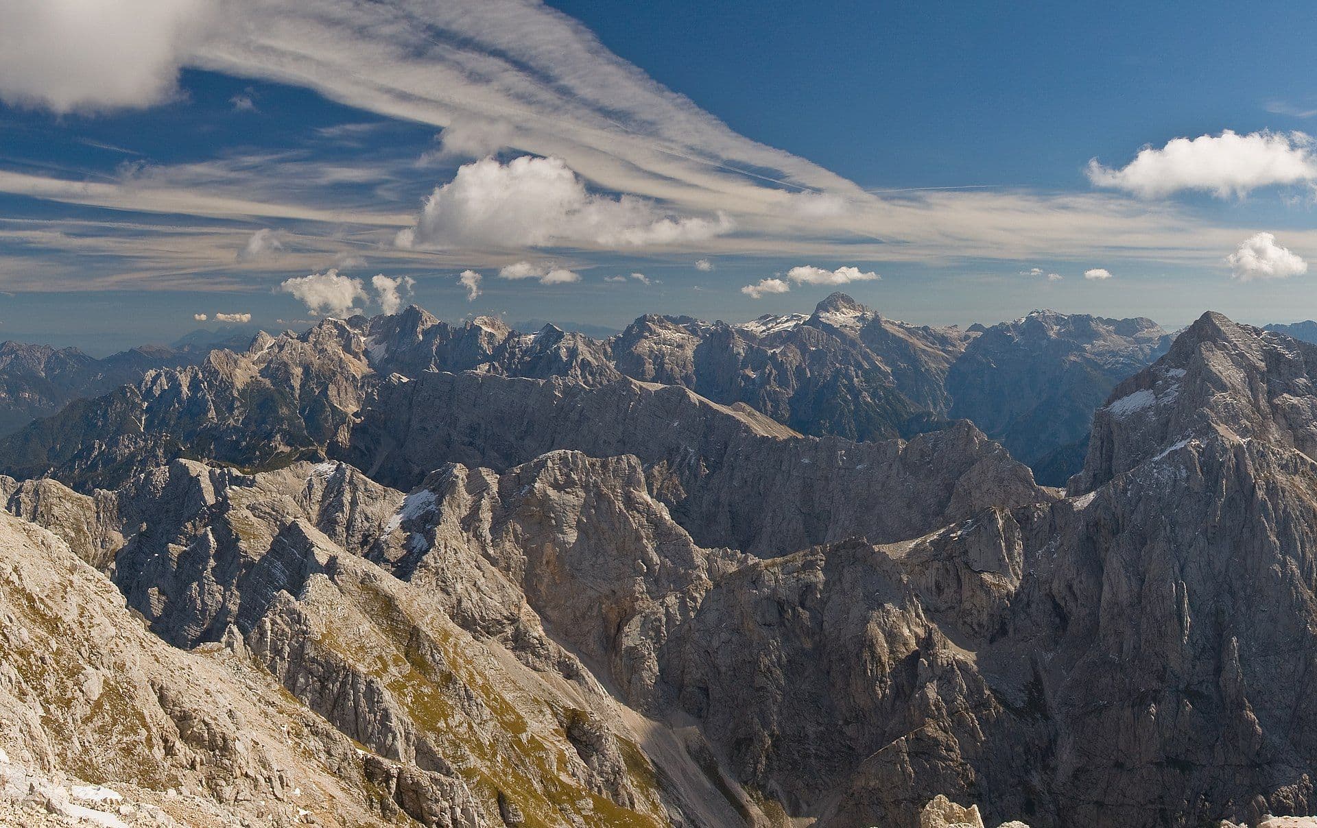 Aerial view of rocky mountains in Triglav National Park