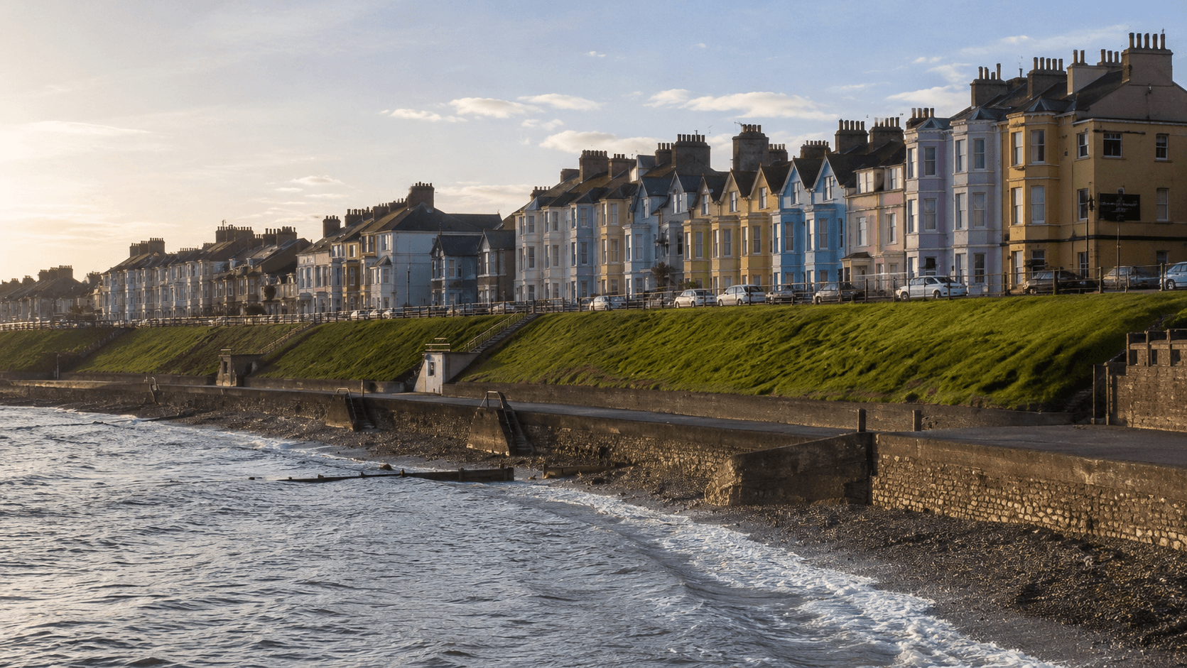 colorful houses on the coastline of Ballyholme Beach northern ireland
