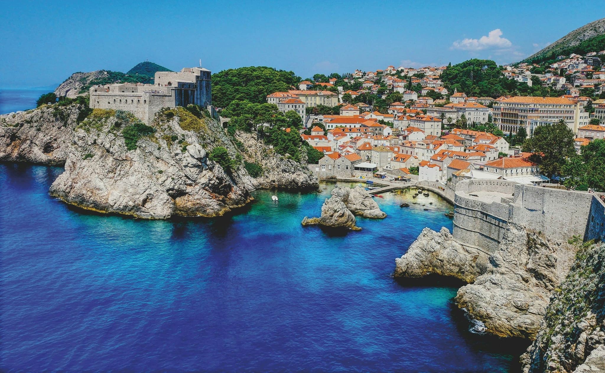Aerial view of Dubrovnik's west harbour beside the city walls