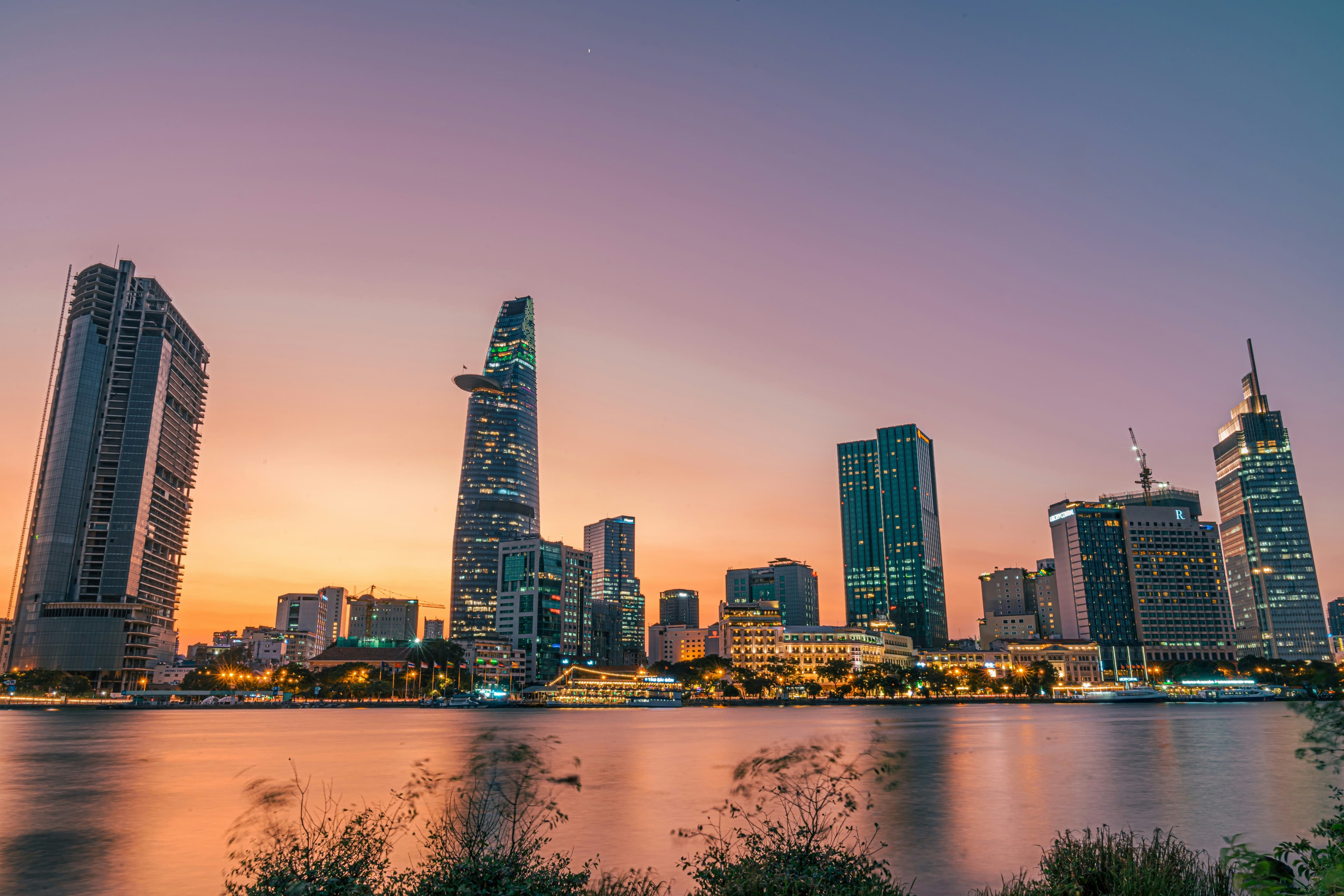 Ho Chi Minh City at sunset, a skyline of skyscrapers