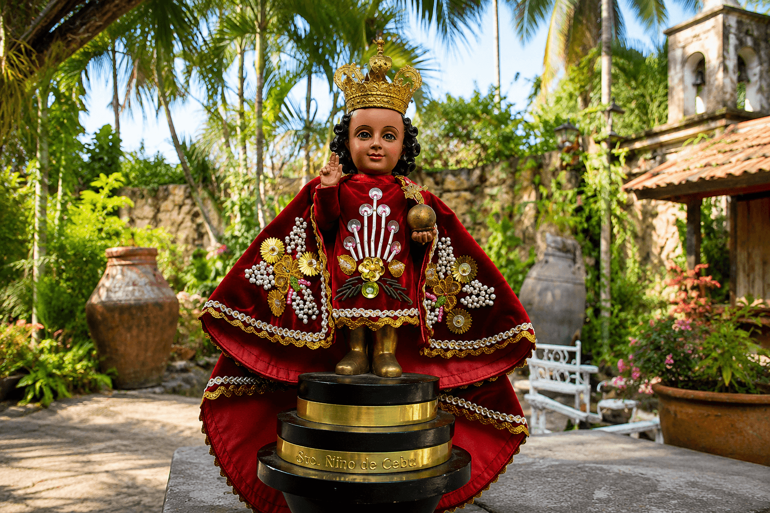 Statue of santo nino with red decoration and palm trees in background