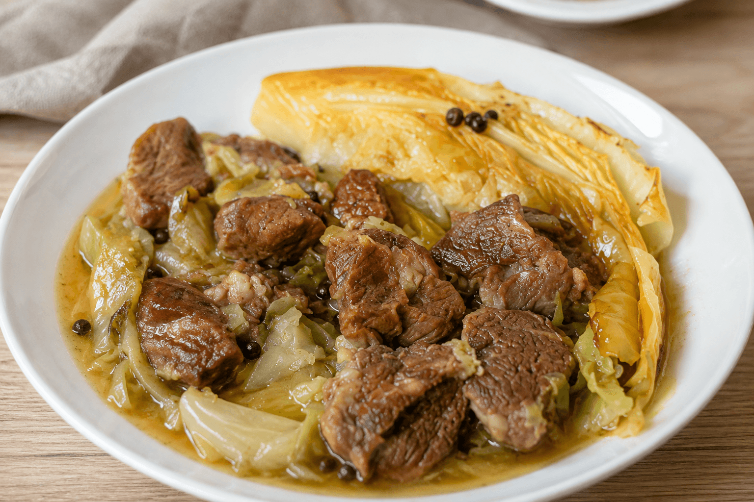 norwegian cabbage with meat stew on a white plate