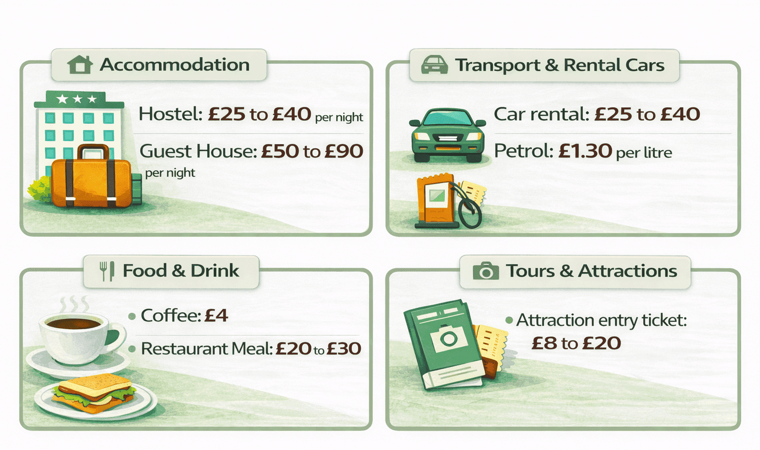 Infographic showing typical travel costs in Canada including accommodation, transport, food and attraction prices.