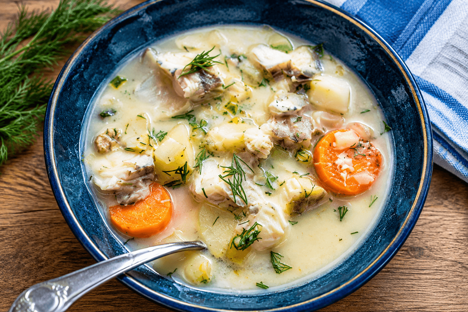 A bowl of creamy soup with pieces of vegetables in a blue plate