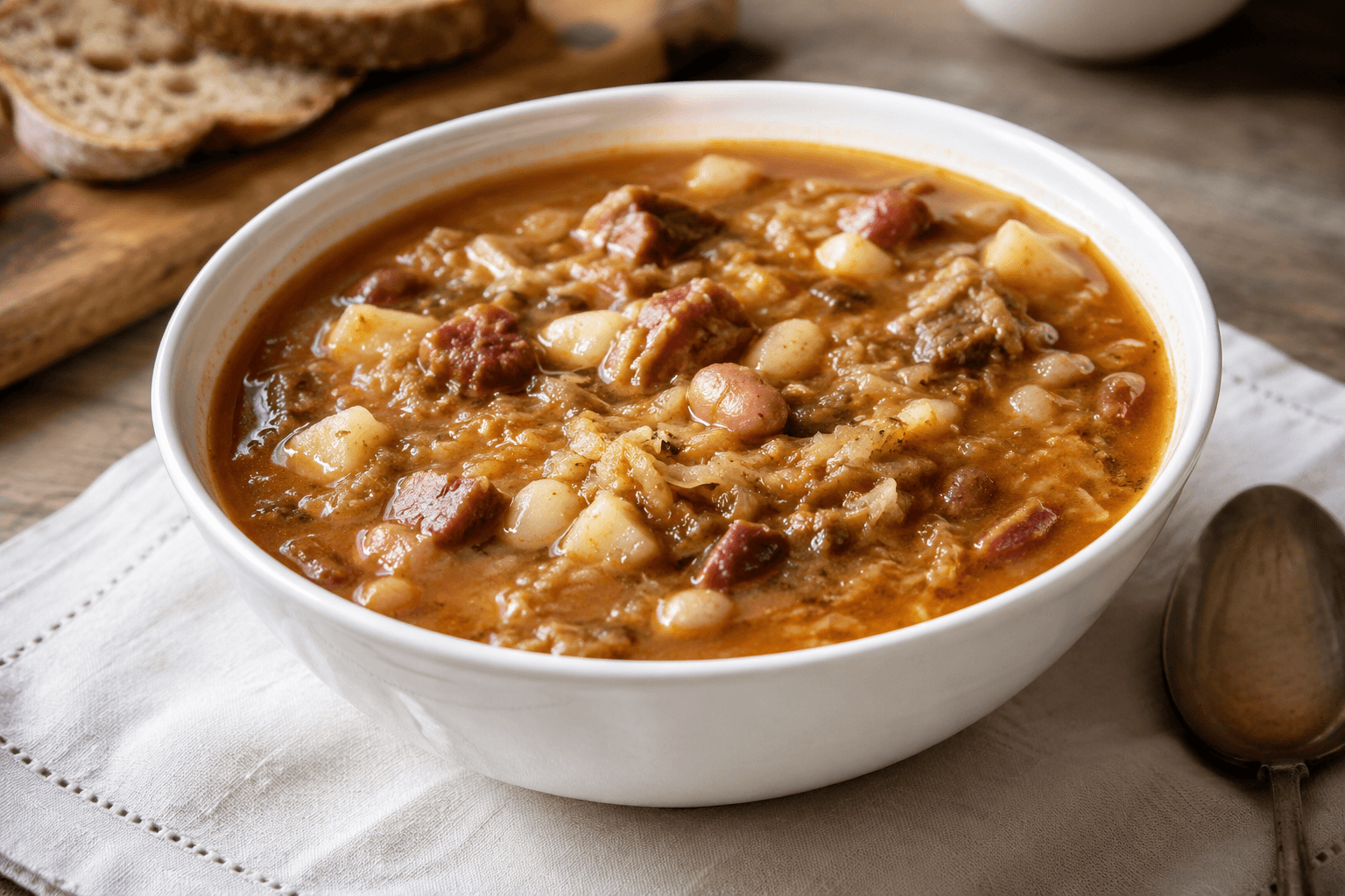 Jota soup with beans and meat served in a white bowl