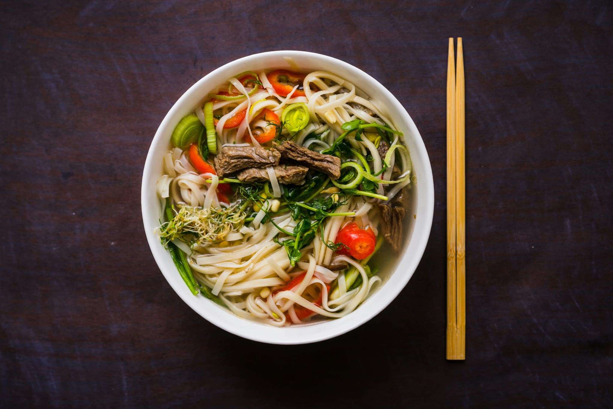 Pho food in a bowl from above