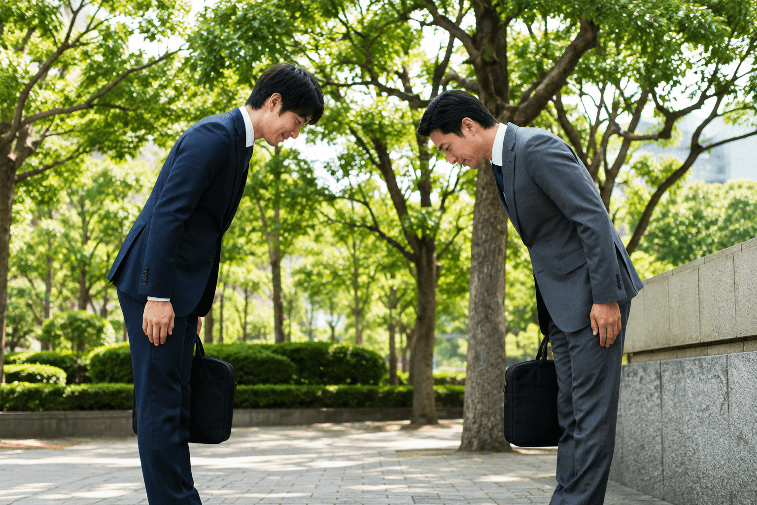 "Two business professionals in suits bow respectfully to each other in a green park setting, holding briefcases and standing beneath leafy trees on a sunny day. The image represents Japanese business etiquette, respect, and formal greetings."