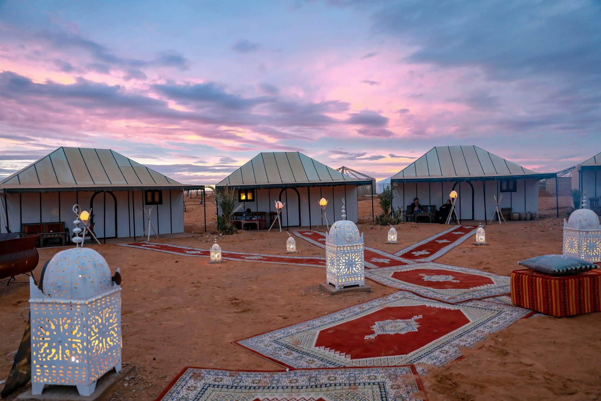Purple sunset on a camp in morocco in the desert