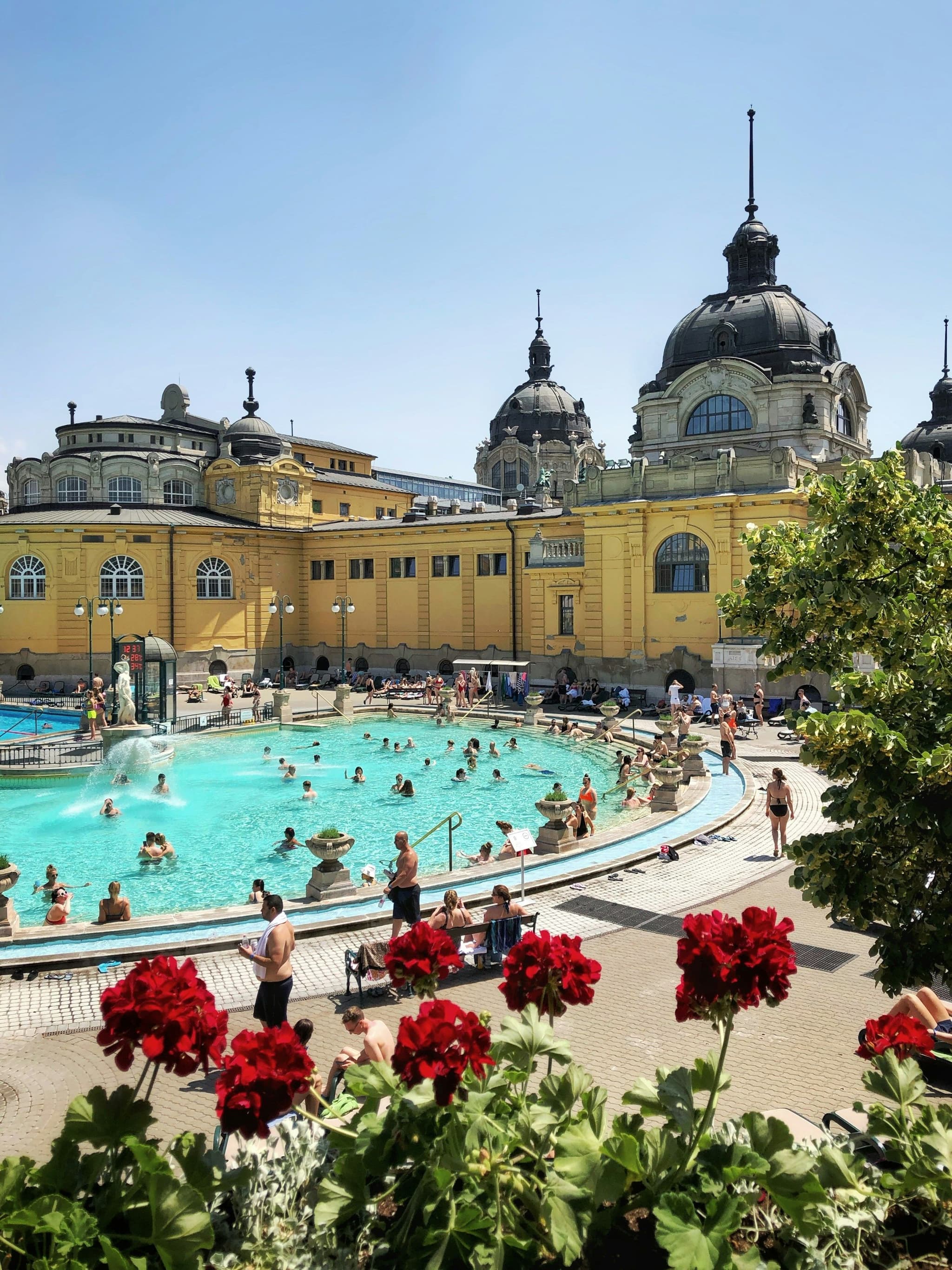 Bathers in the outdoor pool at Széchenyi Thermal Bath in Budapest